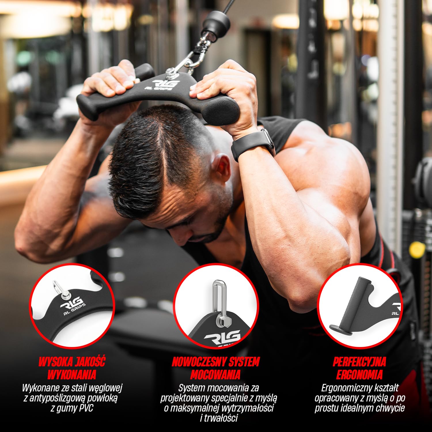 RL Grips - MK2 Uchwyty do kół pasowych do bicepsów i tricepsów - Zestaw 3 sposobów treningu kablowego ergonomiczne ramię - uchwyty do zwijania kół pasowych