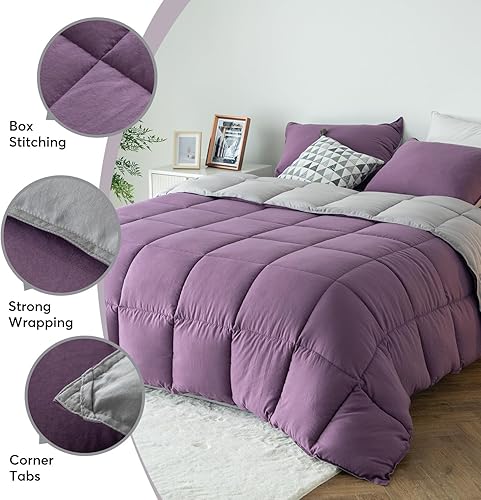 Miniatura 5 de KASENTEX Juego de edredón morado ultrasuave de fácil lavado, tamaño Queen, estampado de uvagris gaviota