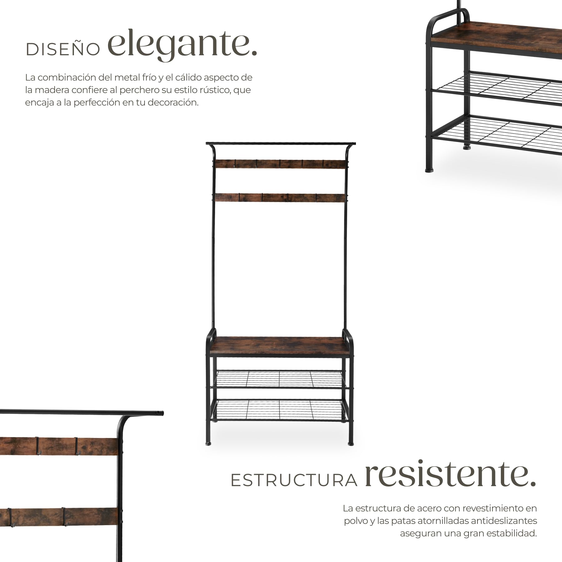 tectake® Perchero Entrada Recibidor, Banco de Madera, Colgador de Ropa, Barra Perchero, Zapatero con Perchero, Dos Estantes, Mueble Zapatero - 85,5 x 36 x 184 cm Madera Industrial Oscura, Rústica