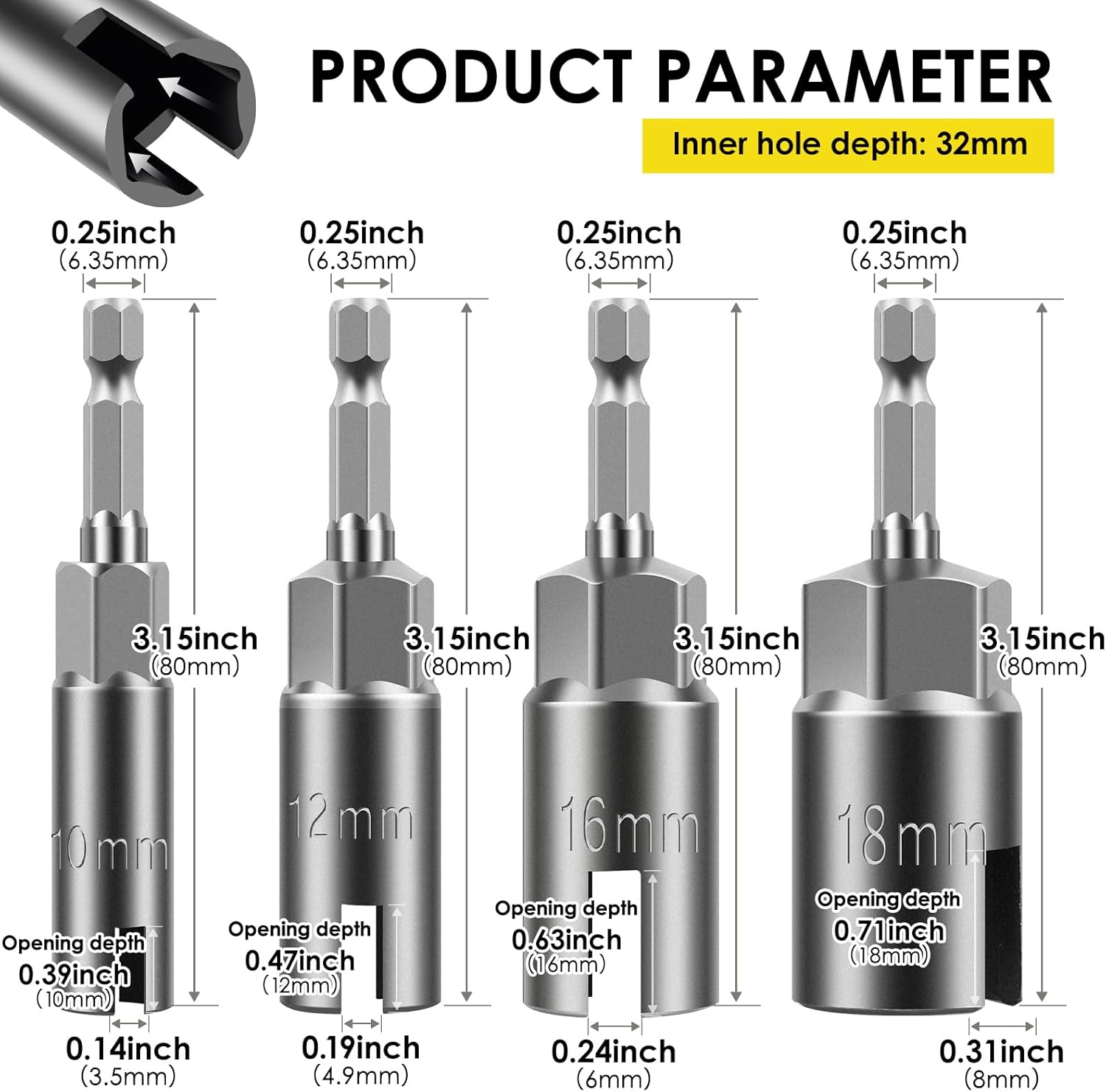 8 Pack 1/4" Hex Shank Wing Nut Driver Bit Sockets, Slot Nut Socket for Panel Nuts Screws Eye C Hook Bolt (4 Size: 10/12/16/18mm)