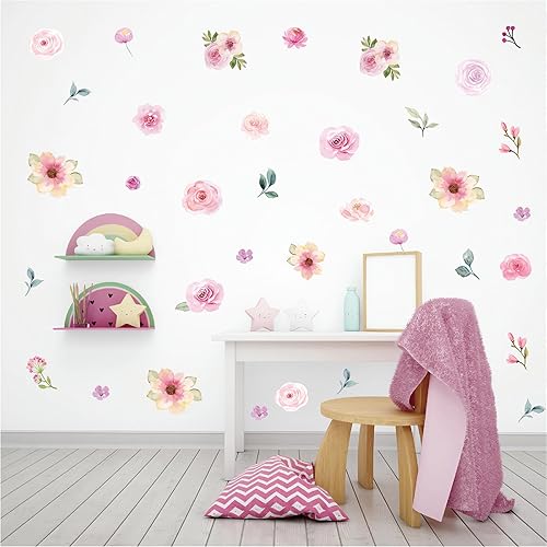 Miniatura 2 de 4 hojas de 60 calcomanías de pared de acuarela rosa rosa melocotón flor flor, sacinora Art DIY calcomanías de pared de vinilo removible para