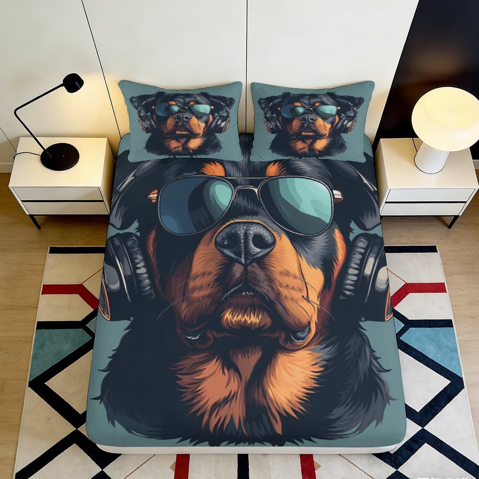 3D Printed Cool Dog with Headphones Fitted Sheet Microfiber Soft Mattress Cover for Bedroom Dorm Decor 90x200x25cm