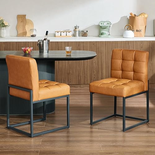 Miniatura 4 de Juego de 4 sillas de comedor de piel sintética marrón, sillas de comedor modernas de mediados de siglo con reposabrazos, silla de cocina a cuadros