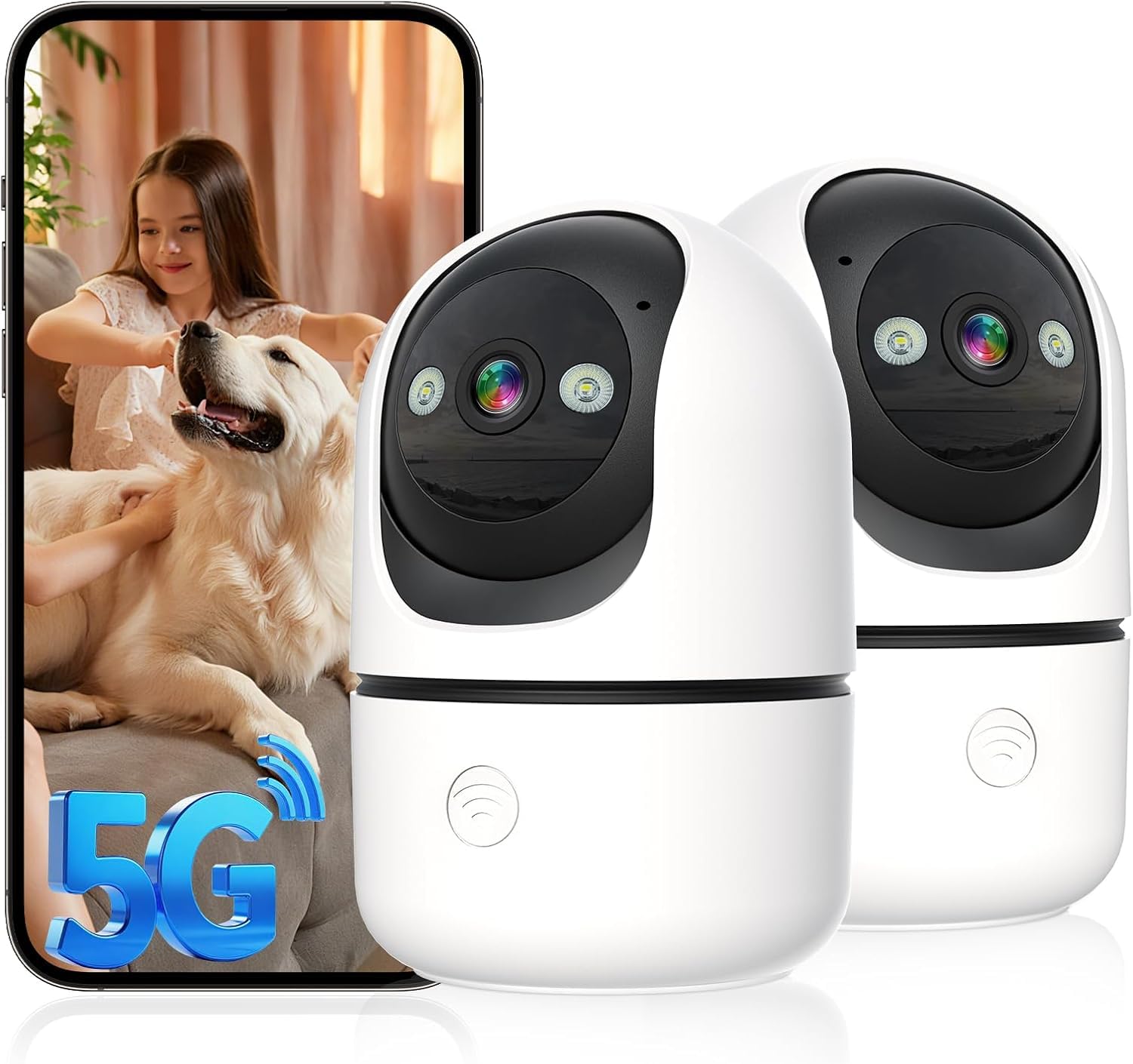 Security Cameras Indoor, 2K 5G&amp;2.4Ghz WiFi Camera for Security Home with 911 Monitor Alert, 360 PTZ Baby/Pet/Dog Camera AI Search Motion Detection, Color Night Vision, Speaker, US Cloud Storage, 2Pack