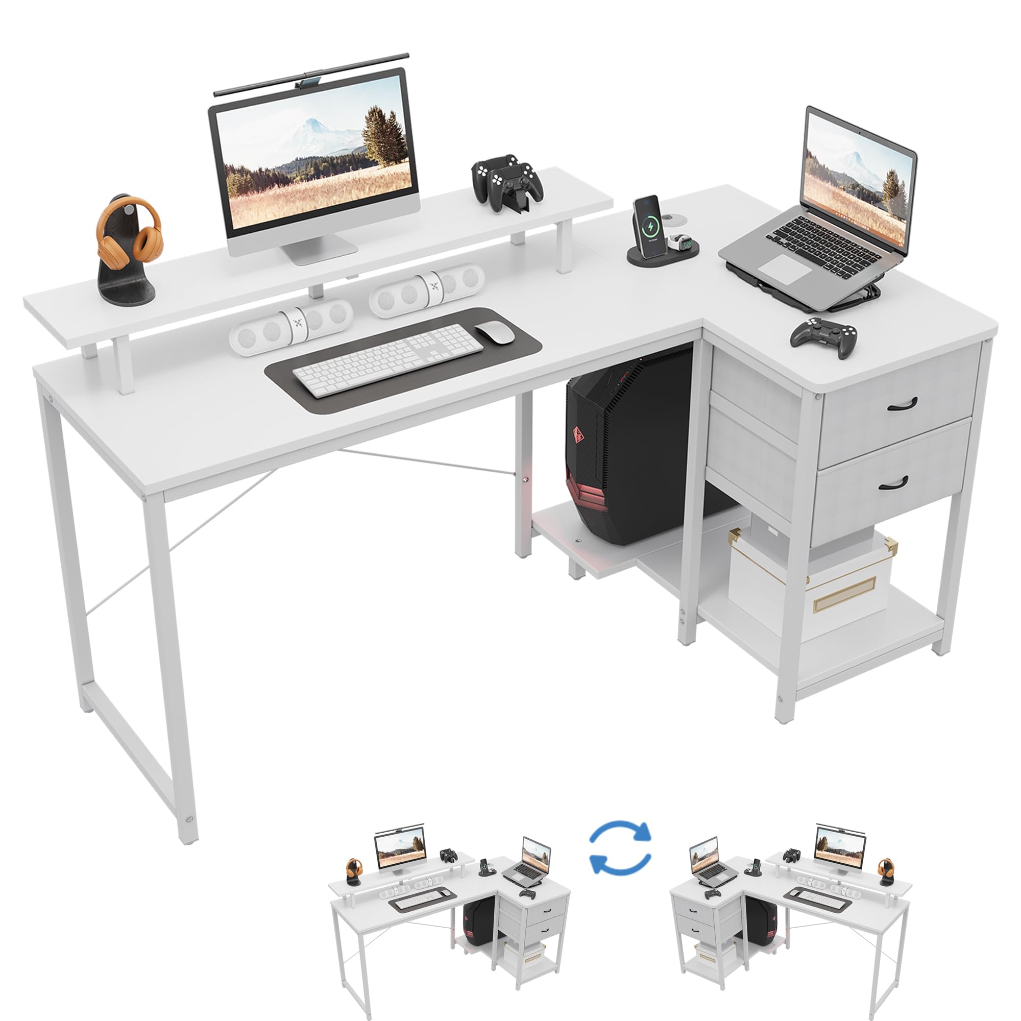 SHOWHA Escritorio de Esquina con 2 cajones de Tela y Estante, Reversible, con Soporte para Monitor y Torre de Ordenador, Ideal para Gaming en oficinas pequeñas, 140 x 80 x 86,5 cm, Blanco
