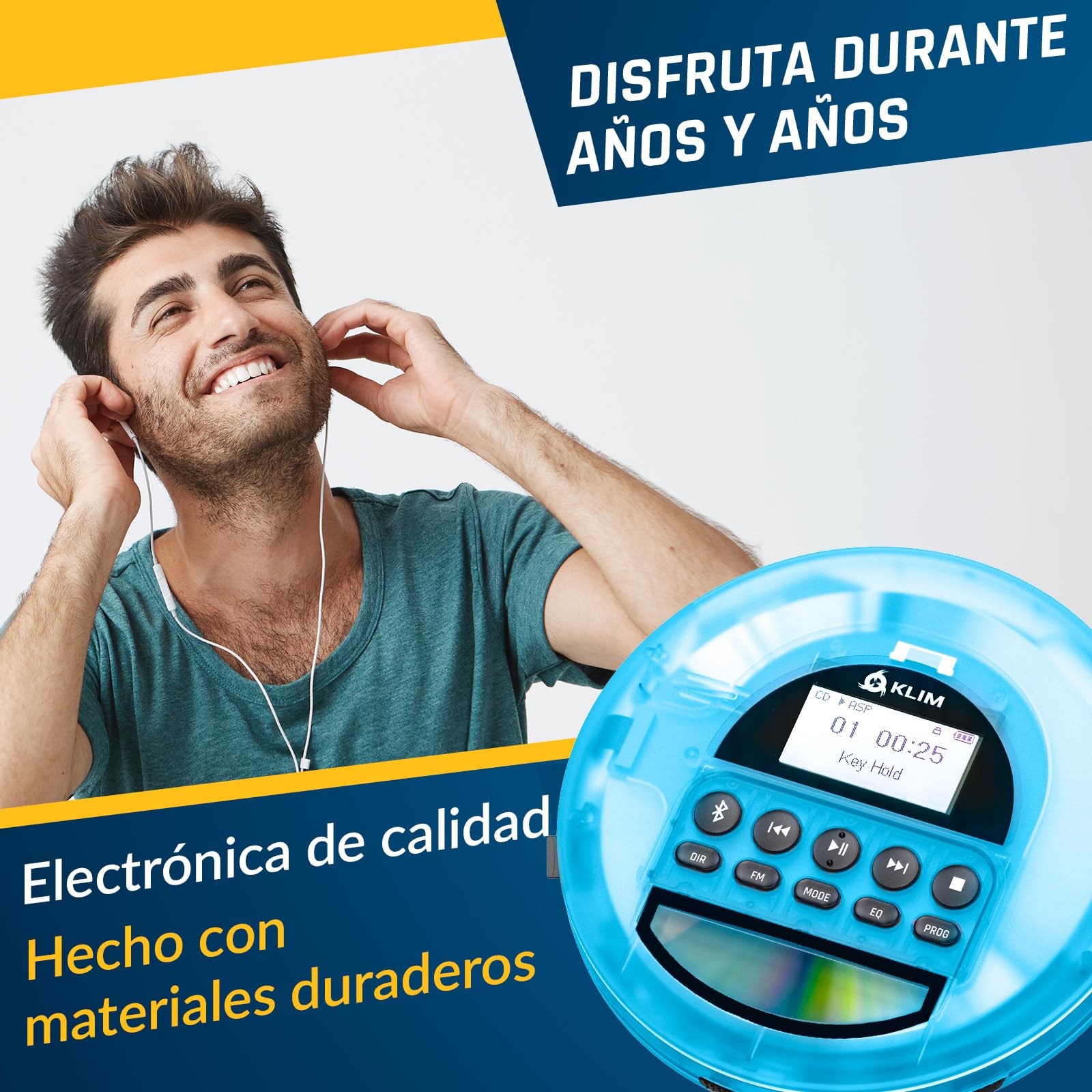 KLIM Nomad Transparent Azul - Reproductor CD portatil - batería Interna de Larga duración - Incluye Auriculares KLIM Fusion - CD Player Mini Compacto, Personal, CD-R, CD-RW y MP3 [Nuevo]