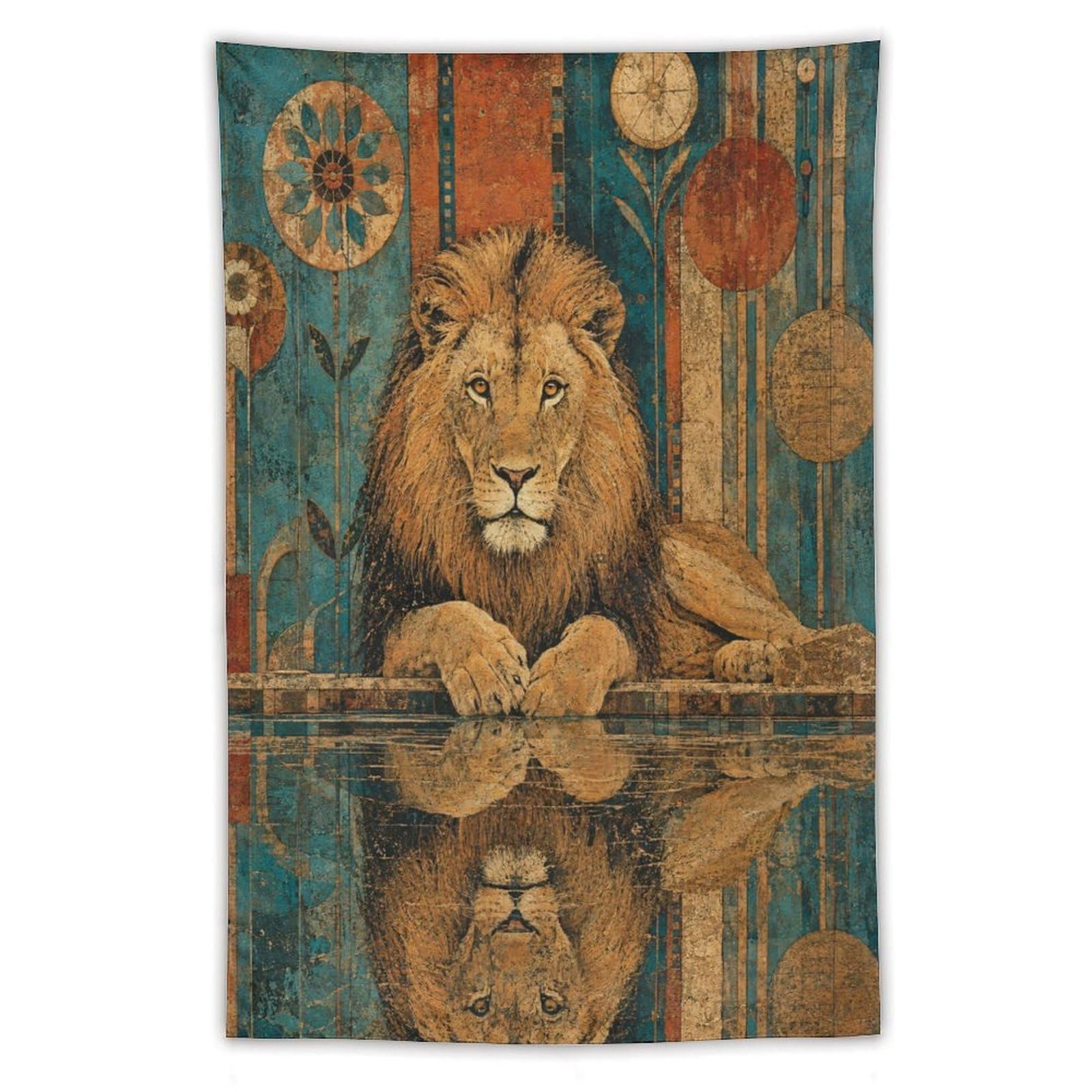 W7C8U2X3 Lion Reflection Wall Tapestry, Realistic Illustration, Lotus Pool