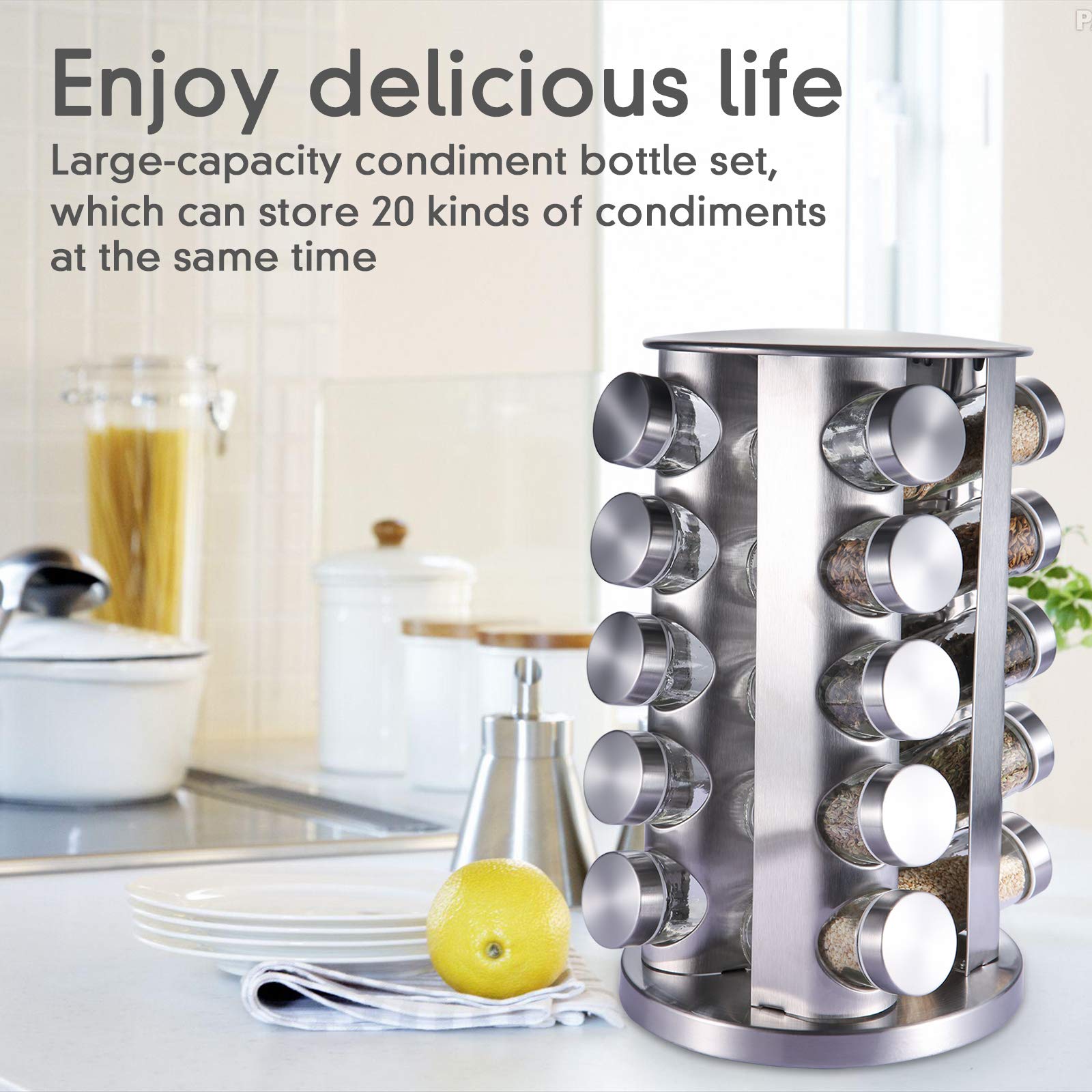 Porta Spezie in Acciaio Inox con 20 Barattoli Spezie-360 ° Portaspezie Girevole-Torre Portaspezie da Banco,Per Casa e Cucina,Facile da Pulire,Decorazione in stile artistico