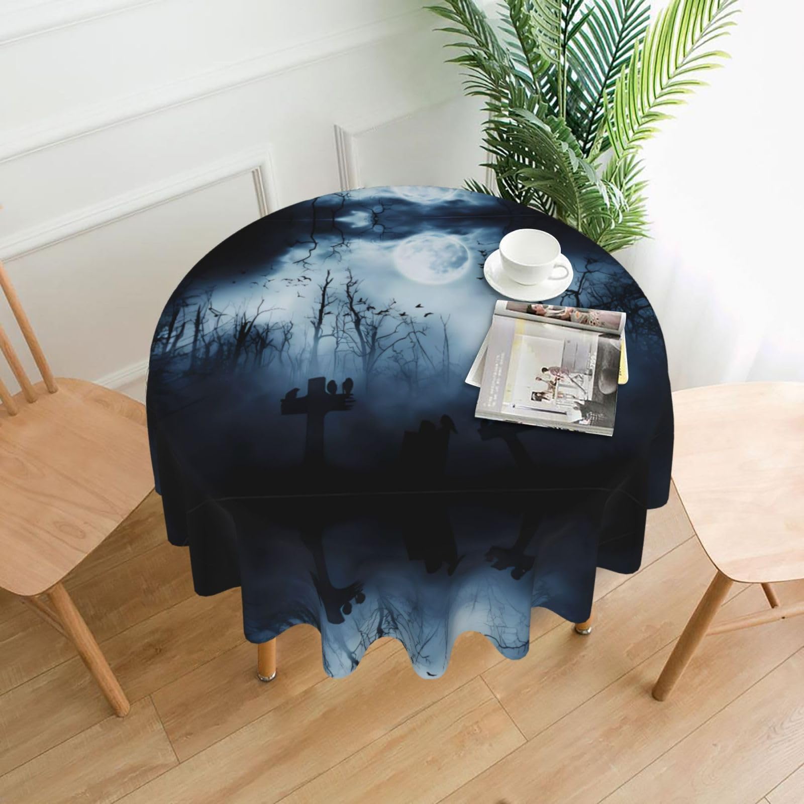 ZHAOUR Gothic Happy Halloween Print Round Washable Tablecloth – Table Cover