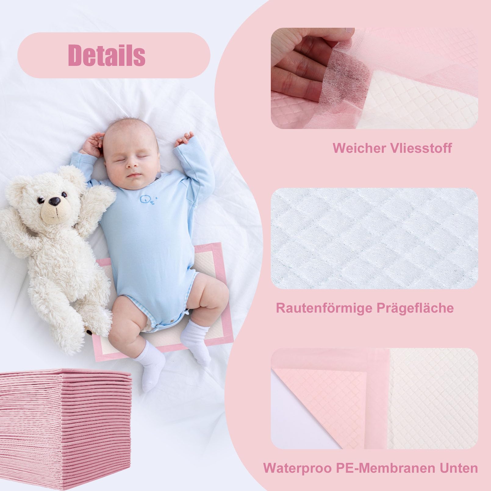 100 Stück Betteinlagen Inkontinenz Einweg, 33 x 43 cm Wickelunterlage Einweg, Weich, Saugfähig und Wasserdicht, Inkontinenzunterlage für Betten, Erwachsene, Senioren oder Kinder