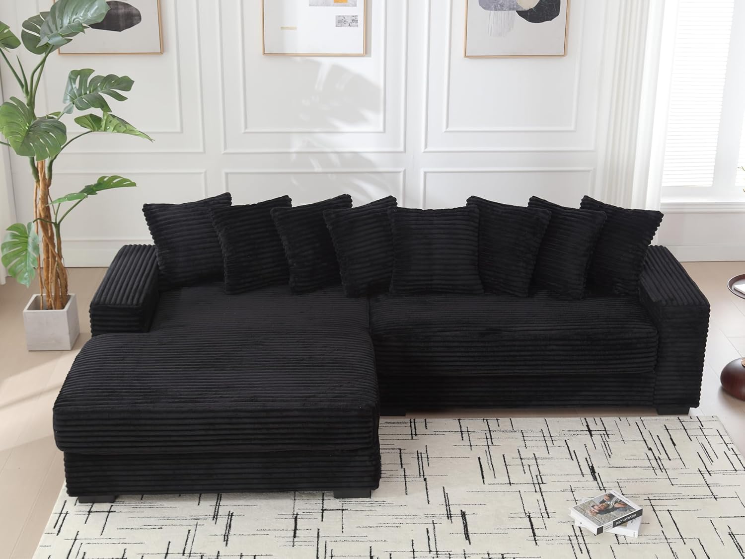Modern Sectional Couch,111" W Corduroy L Shaped Couch with Chaise & 8 Throw Pillows,Upholstered Comfy Cloud Sofa,Deep Seat Corner Sofa Sleeper Bed for Living Room/Bedroom/Office(Left Facing,Black)