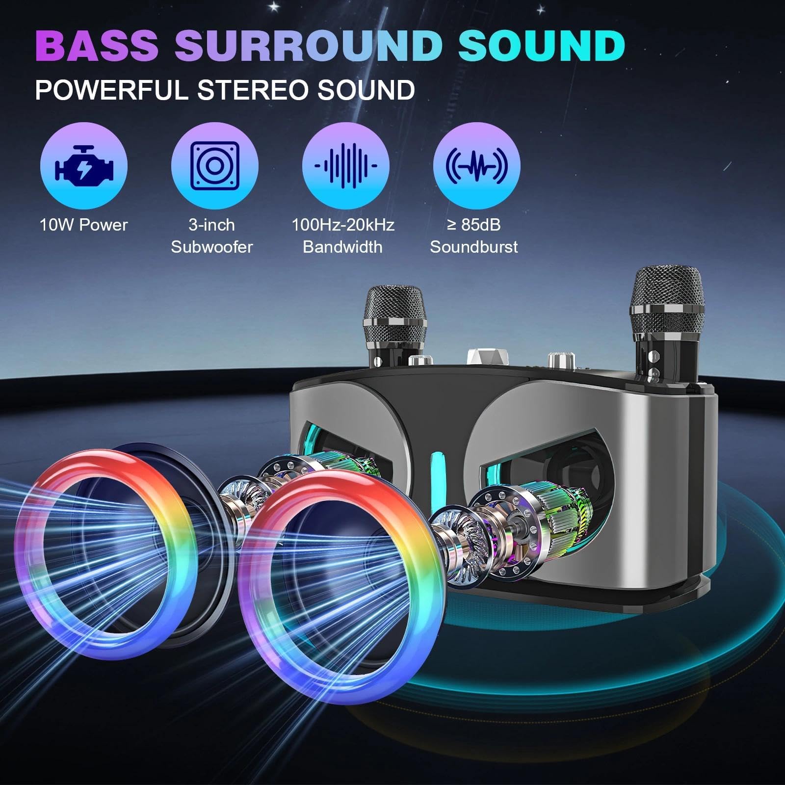 Tragbare Karaoke Maschine, Karaoke mit 5.3 Bluetooth Lautsprecher | Mit 2 kabellose Mikrofone, LED-Lichter, Radio USB TF Karte AUX Port, Lautsprechersystem