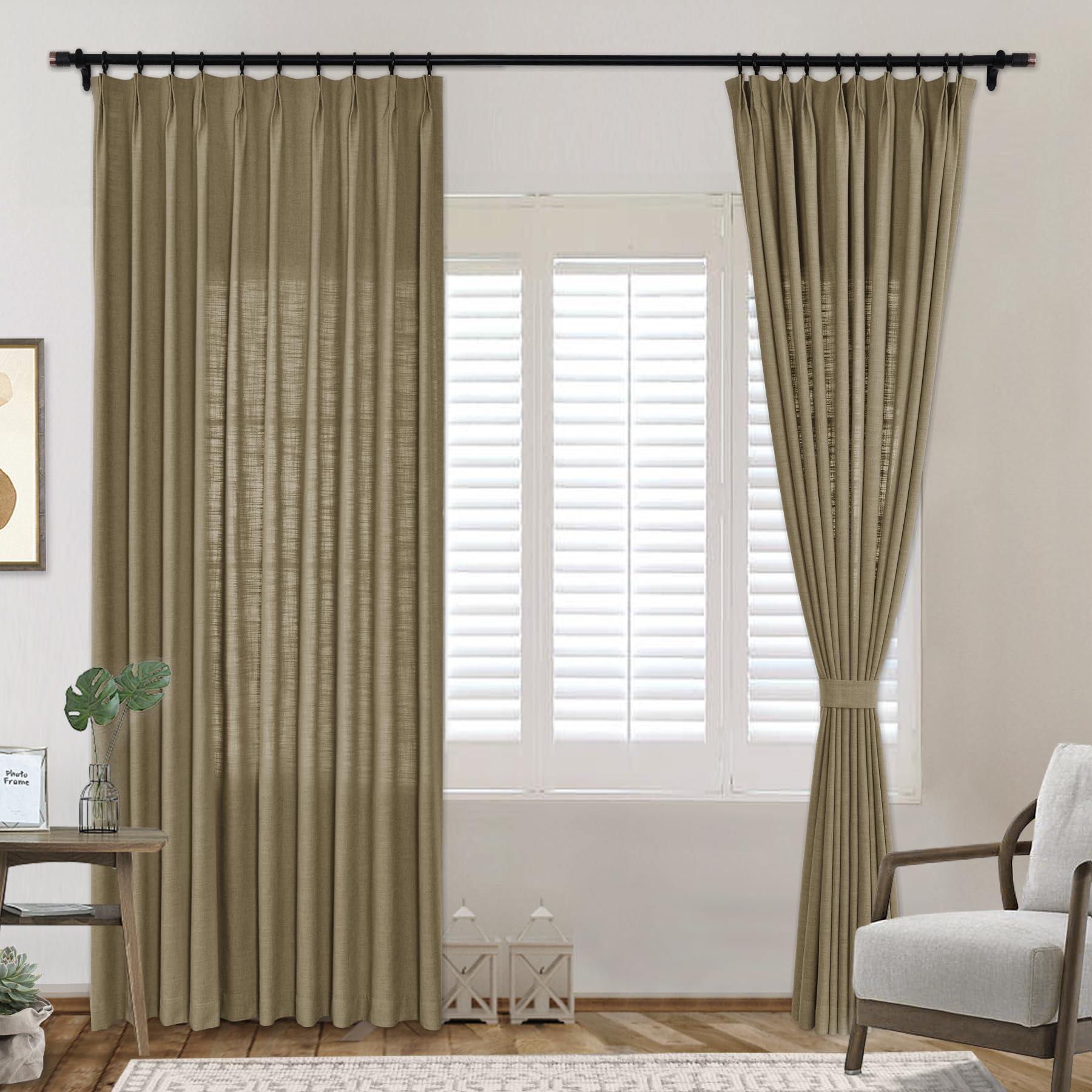 frelement pinch pleat texture linen curtains energy saving sun blocking drapes for sliding glass door, kitchen windows, grey beige, 52" w x 96" l, 1 panel