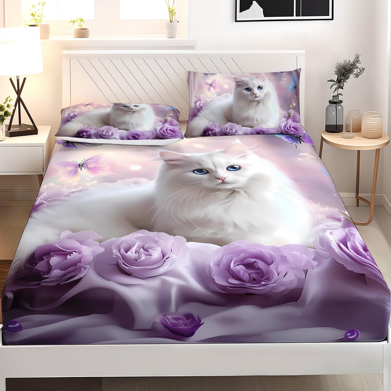 AILONEN Girls Cat Kitten Fitted Sheet Set Full Size,Purple Rose Butterfly Cat Princess Kids Bedding Set,White Cat Fitted Sheet with 2 Pillowcases,Beautiful Cat Bed Sheet Set 3 Pieces