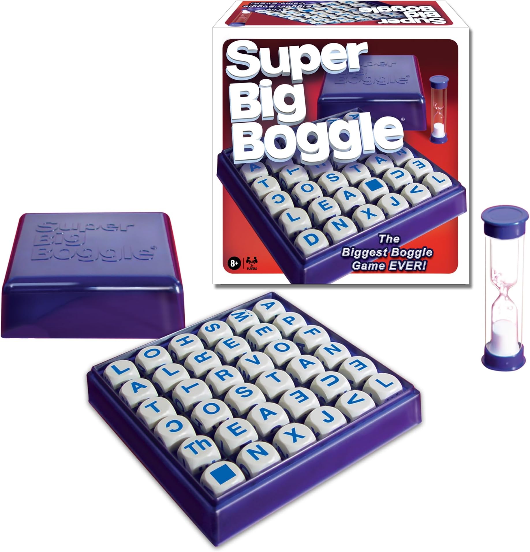 Super Big Boggle with 6x6 Grid and 36 Letter Cubes Games USA, The Biggest Boggle Game Ever, 4 Minute Sand Timer, for 2 or More Players, Ages 8+ (1165)