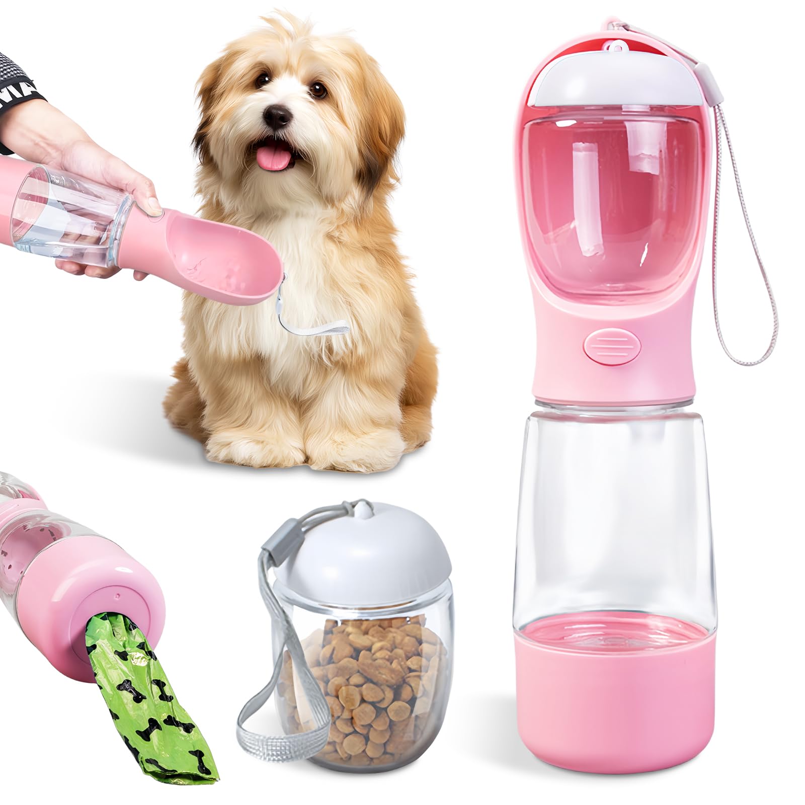 Portable Dog Water Bottle for Walking, 3-in-1 Multifunctional Dispenser