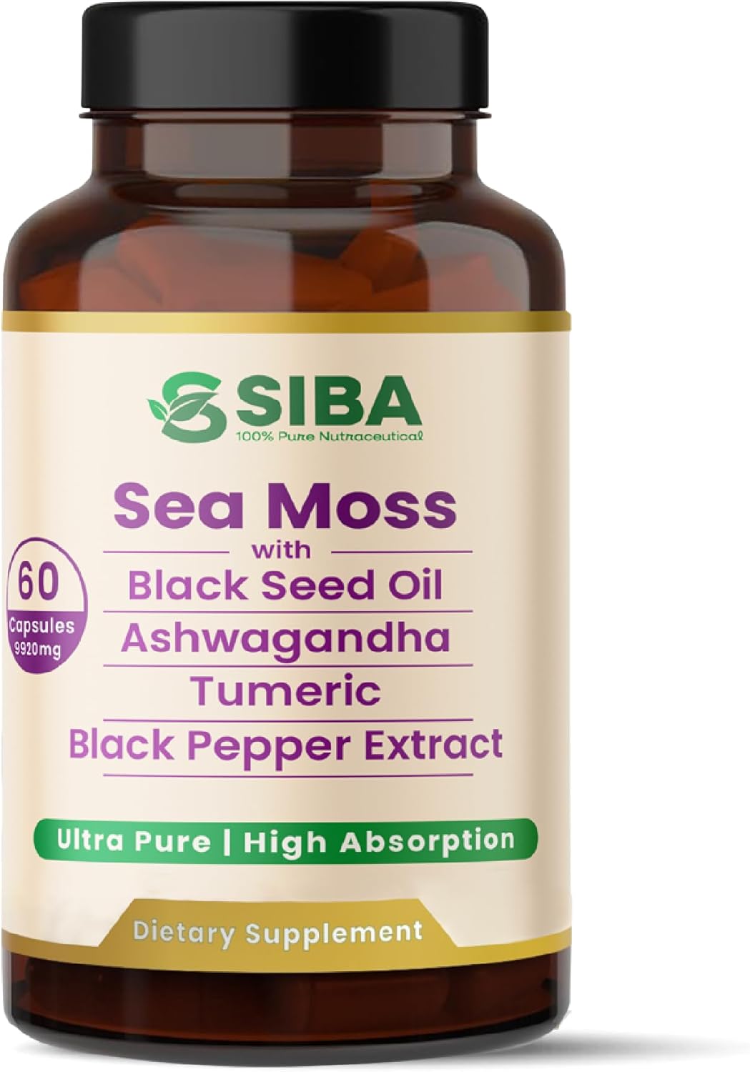 SIBA Ultra Pure Sea Moss Blend – Vegan Capsules with Sea Moss, Black Seed Oil, Ashwagandha, Turmeric & Black Pepper – Supports Overall Wellness – 60 Count