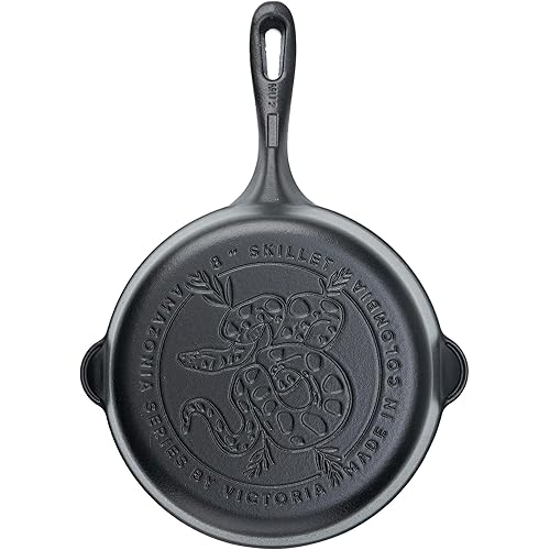 Victoria Cookware 8-Inch Amazonia Cast Iron Skillet, Decorative Preseasoned Frying Pan with Cast Design, Made in Colombia, Anaconda Snake
