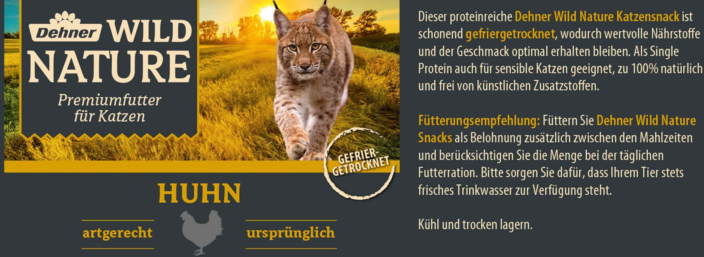 Dehner Wild Nature przekąska dla kotów, premium przysmak, bez glutenu/cukru, dla kotów wrażliwych na odżywianie, liofilizowana, kurczaka, 6 x 25 g (150 g)