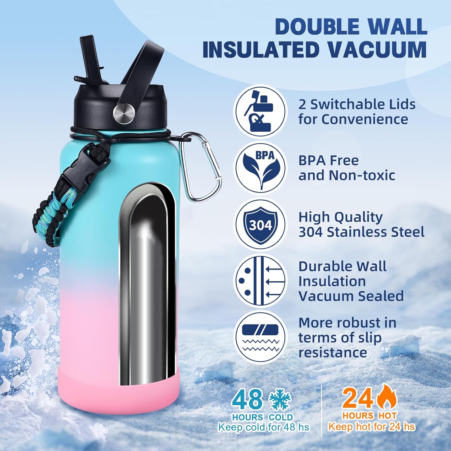 Insulated Water Bottle, 32 oz Stainless Steel Wide Mouth Water Bottles with 2 Leak Proof Lid and Paracord Handle, Double Wall Vacuum Insulated Sports Water Bottle, Teal Pink - Image 3