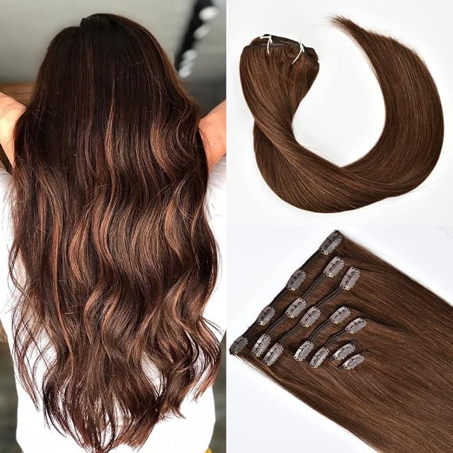 Remy Clip in Hair Extensions Real Human Hair Straight Full Head for Women 7Pcs 16Clips 120g/Set (#4, 14 Inch)