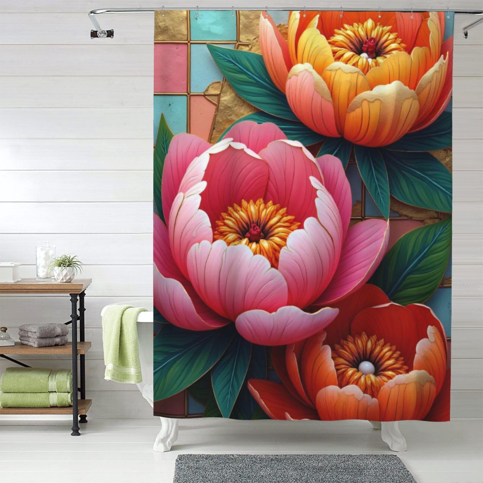 Rideau de douche en tissu opaque 152x183 cm style champêtre avec crochets