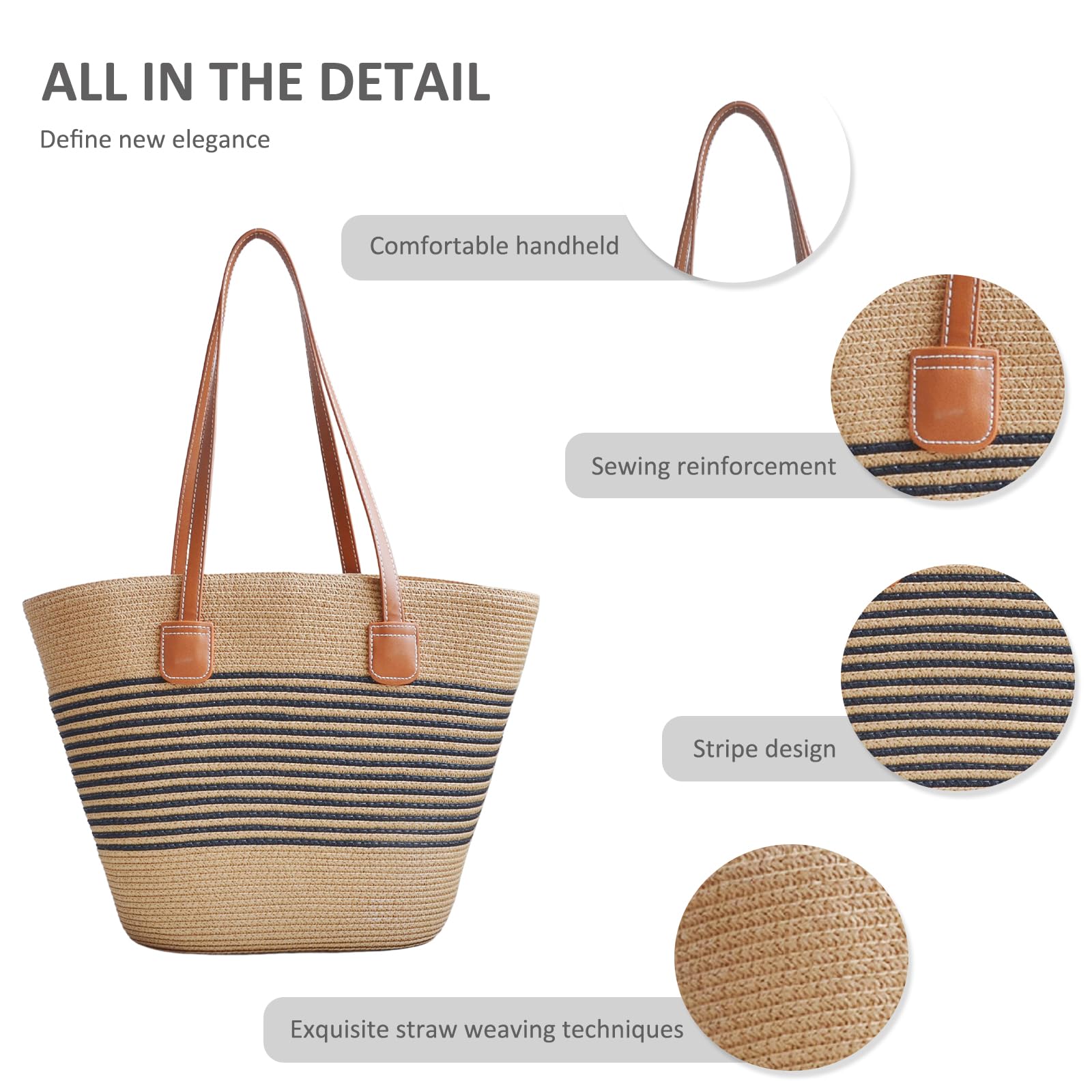 NICOLE & DORIS Sac à Main en Paille Sac de Plage Paille Sac Cabas Femme Sac Fourre Tout Été Sac a Main Panier Sac D'épaule en Tricot pour Voyage Vacances