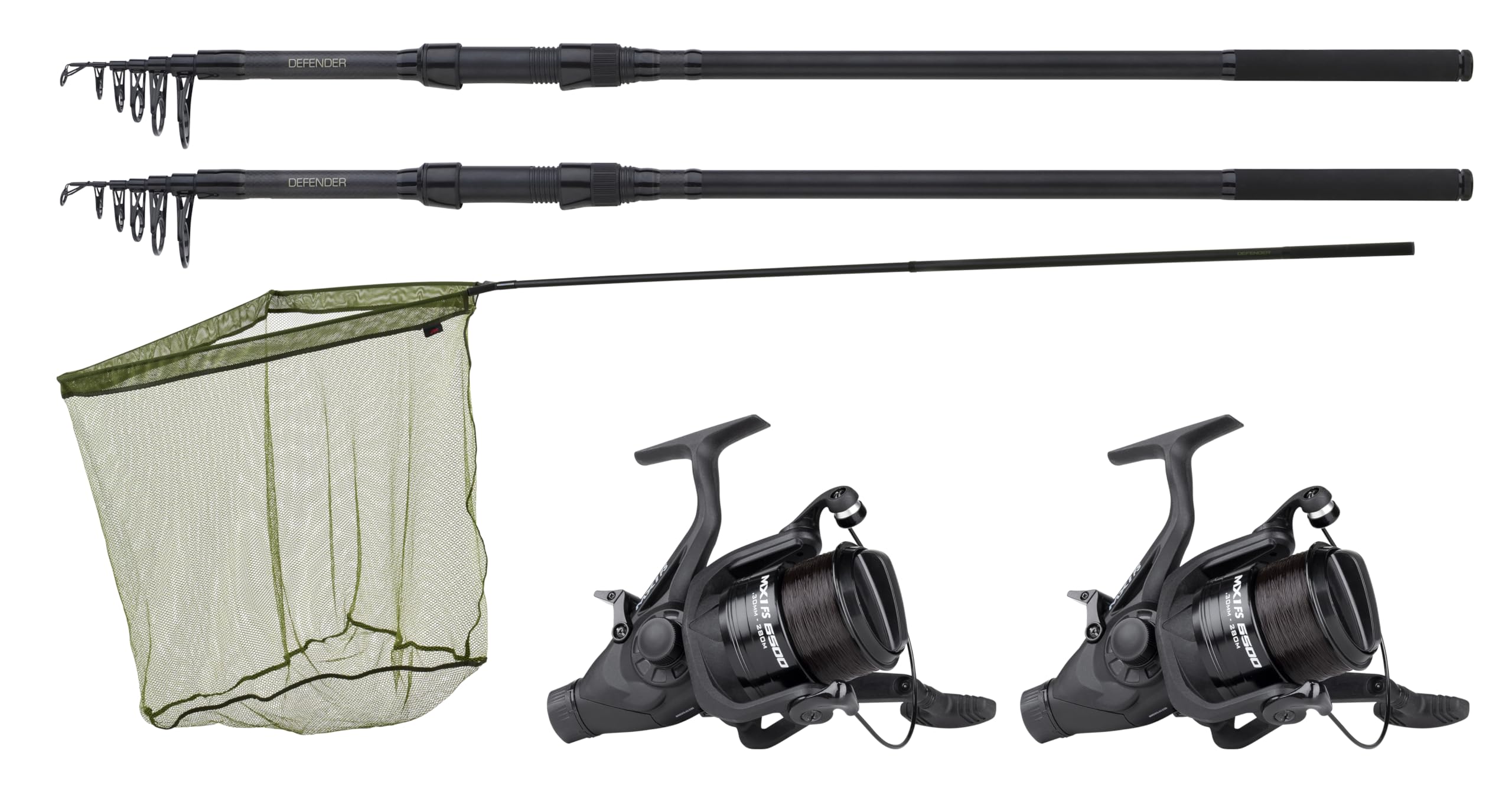 JRC Defender Two Rod Combo – 2 x 3.6m JRC Carp Rods, 2 x Mitchell 6500 Reels, 38" Specimen Net & 6ft Net Handle – Ideal for Carp Fishing