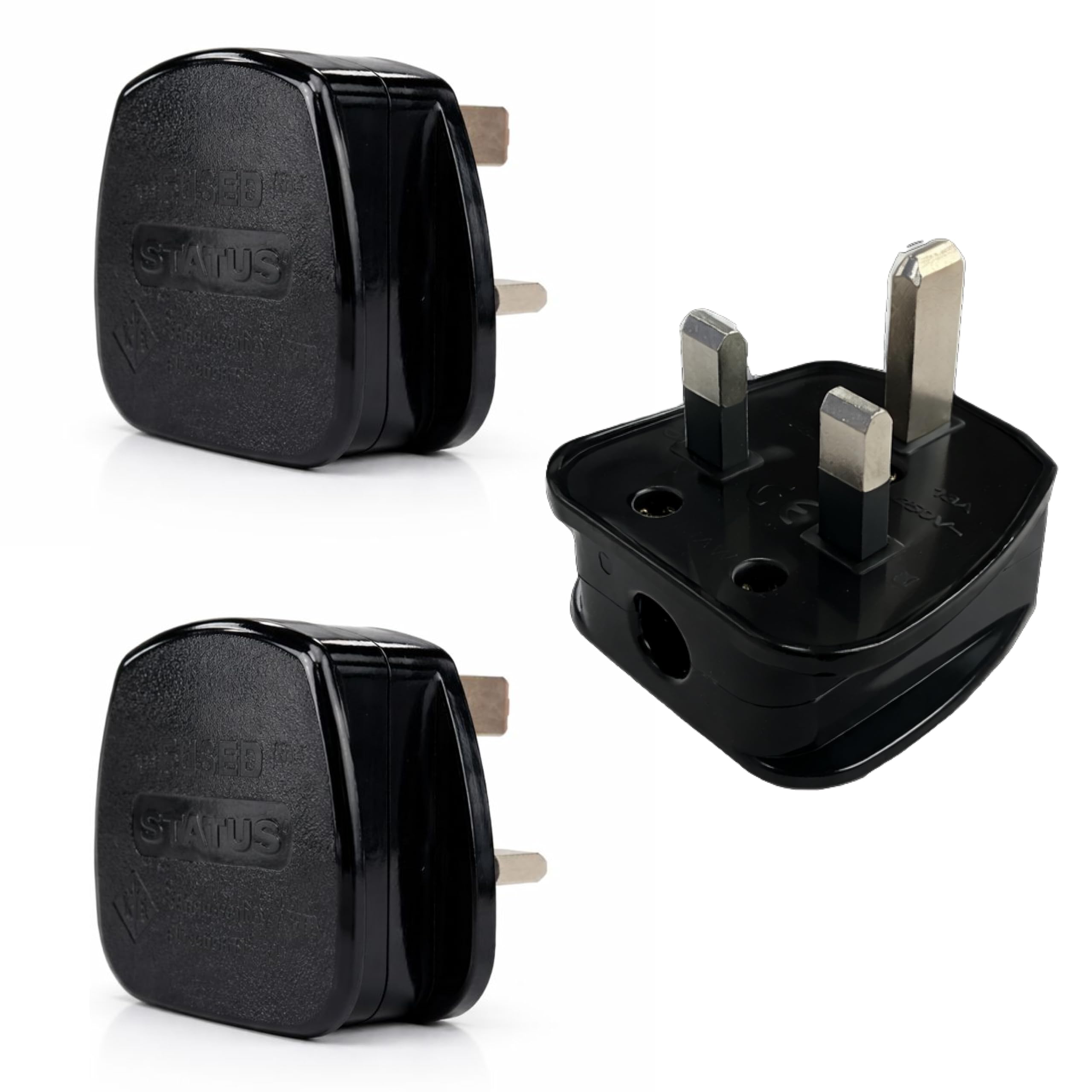 STATUS 13A 3‑Pin Black Electrical Plug Tops – Pack of 3, BS1363‑Compliant with Cord Grip, CE Certified & Recyclable, Ideal for Home or Office Use, (13ABPLUG3PK5)