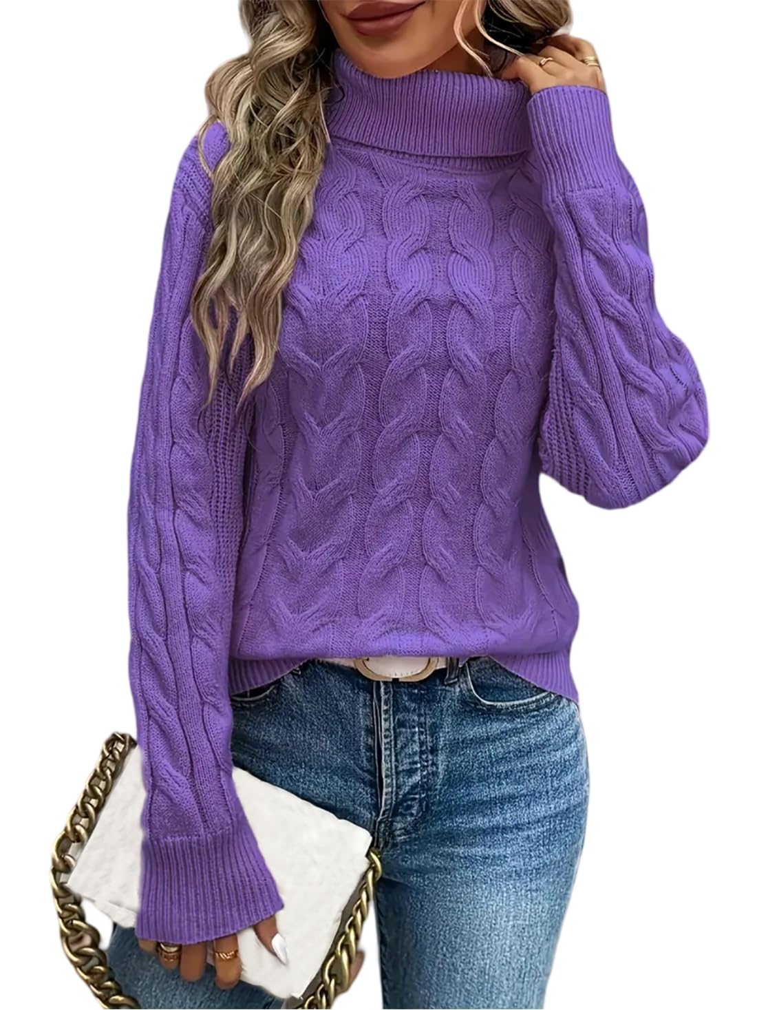 Fairy Trendz Women's Purple Long Sleeve Turtle Neck Sweater Casual Jumper High Neck Cable Ribbed Knit Winter Soft Pullover