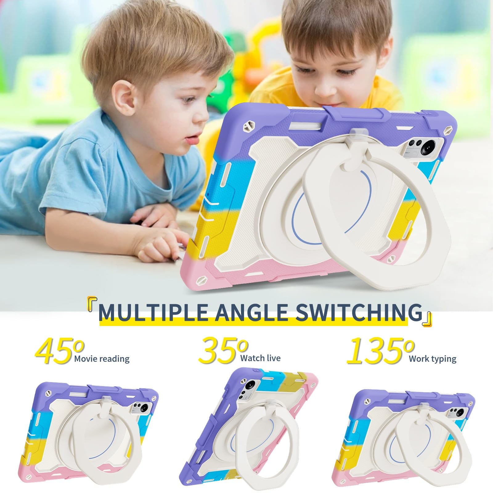 Custodia robusta per Xiaomi Mi Pad 5 Pro 12,4 pollici, supporto girevole a 360°, tracolla, portapenne e anello di presa, copertura antiurto per bambini e adulti (rosa viola)