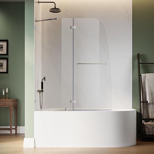 SUNNY Puertas de ducha para bañera de 48 pulgadas de ancho x 58 pulgadas de alto, puerta pivotante con bisagras, puerta de ducha de vidrio de 516