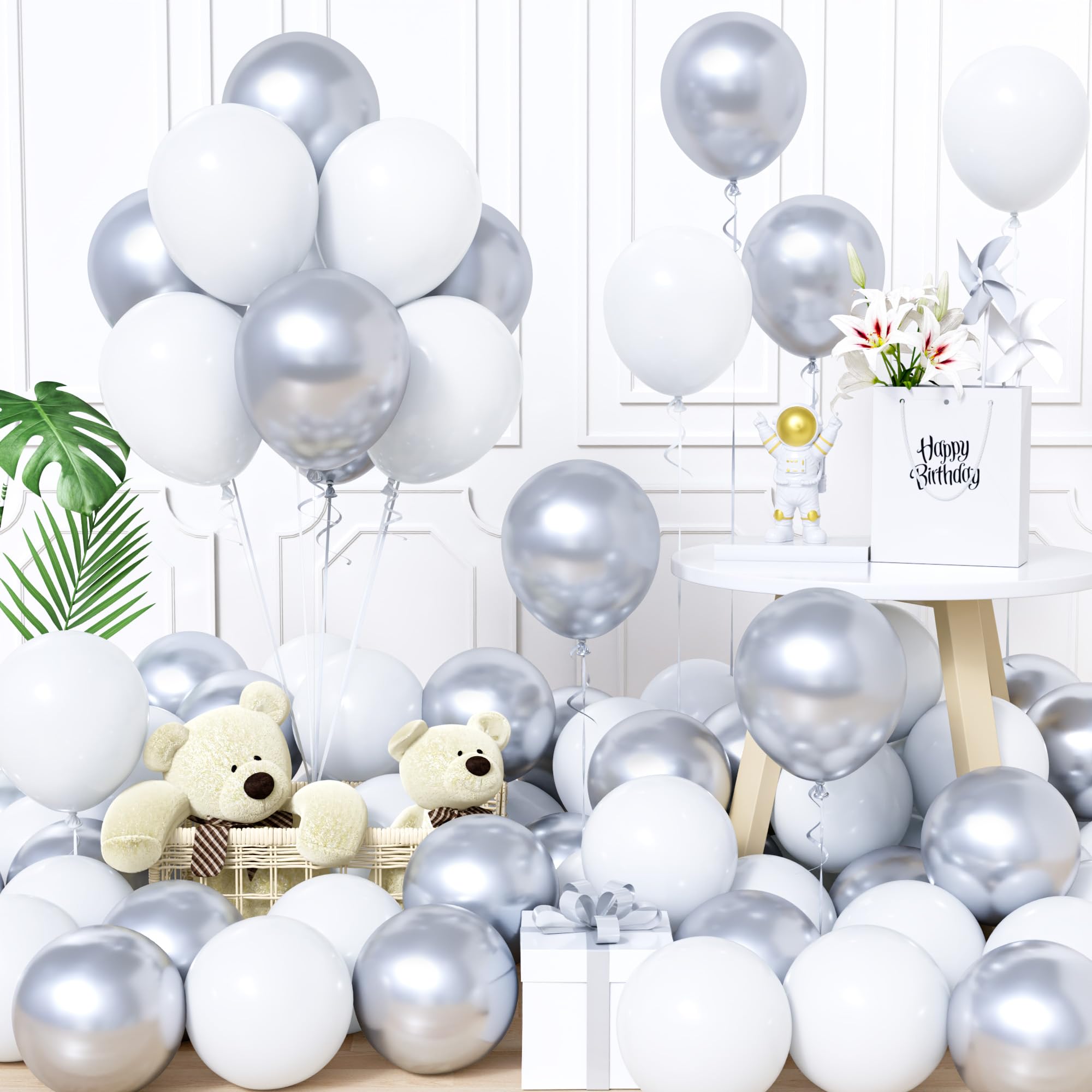 Unisun Globos Plata y Blanco, 60Piezas 12Pulgada Globo Blanco Plata Metal Niña Niño Hombres Mujer Baby Shower Cumpleaños Boda Comprometimo Aniversario Graduación Valentín Mascarada Suministros Decora