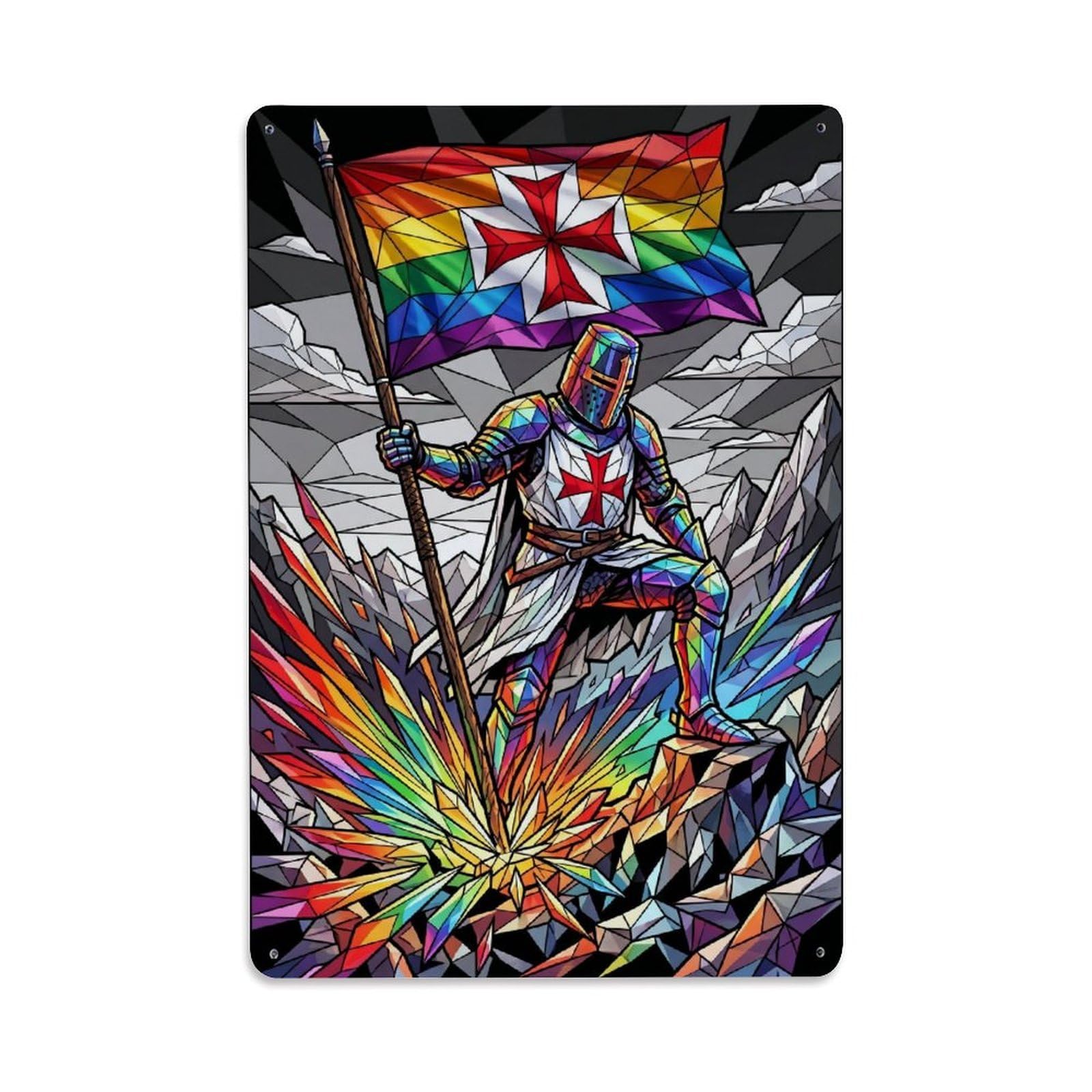 Olhnbad Style Shield Bearer Crusader Knight Medieval Armour Prismatic Metal Tin Sign