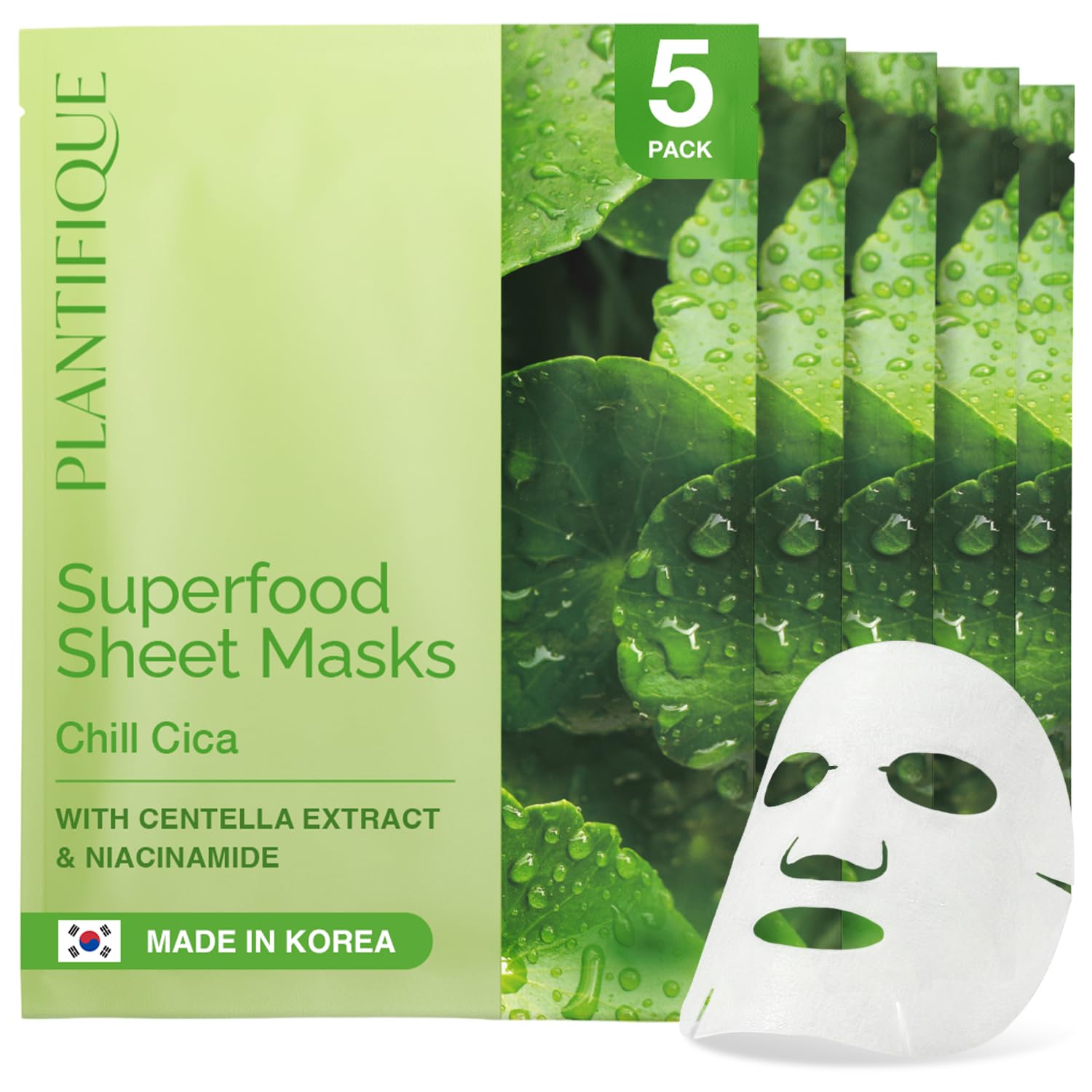 PLANTIFIQUE Koreanische Gesichtsmaske 5-Pack mit Superfoods - Centella, Niacinamid & Hyaluronsäure– Feuchtigkeitsspendende, beruhigende und lindernde Tuchmasken - Korean Face Mask
