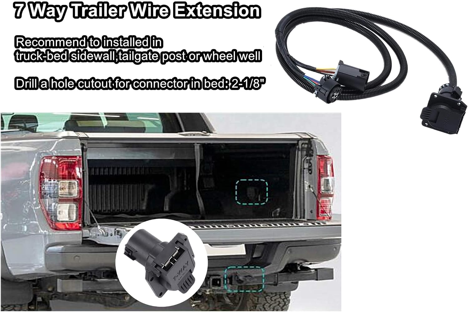 7 Pin Trailer Wiring Harness Extension 56070，with Connectors for Vehicle-Side Truck Bed, 7-Foot 7 Way Trailer Wiring Harness Kit for Silverado 1500 2500 Dodge Ram Ford GMC Nissan Toyota Chevrolet