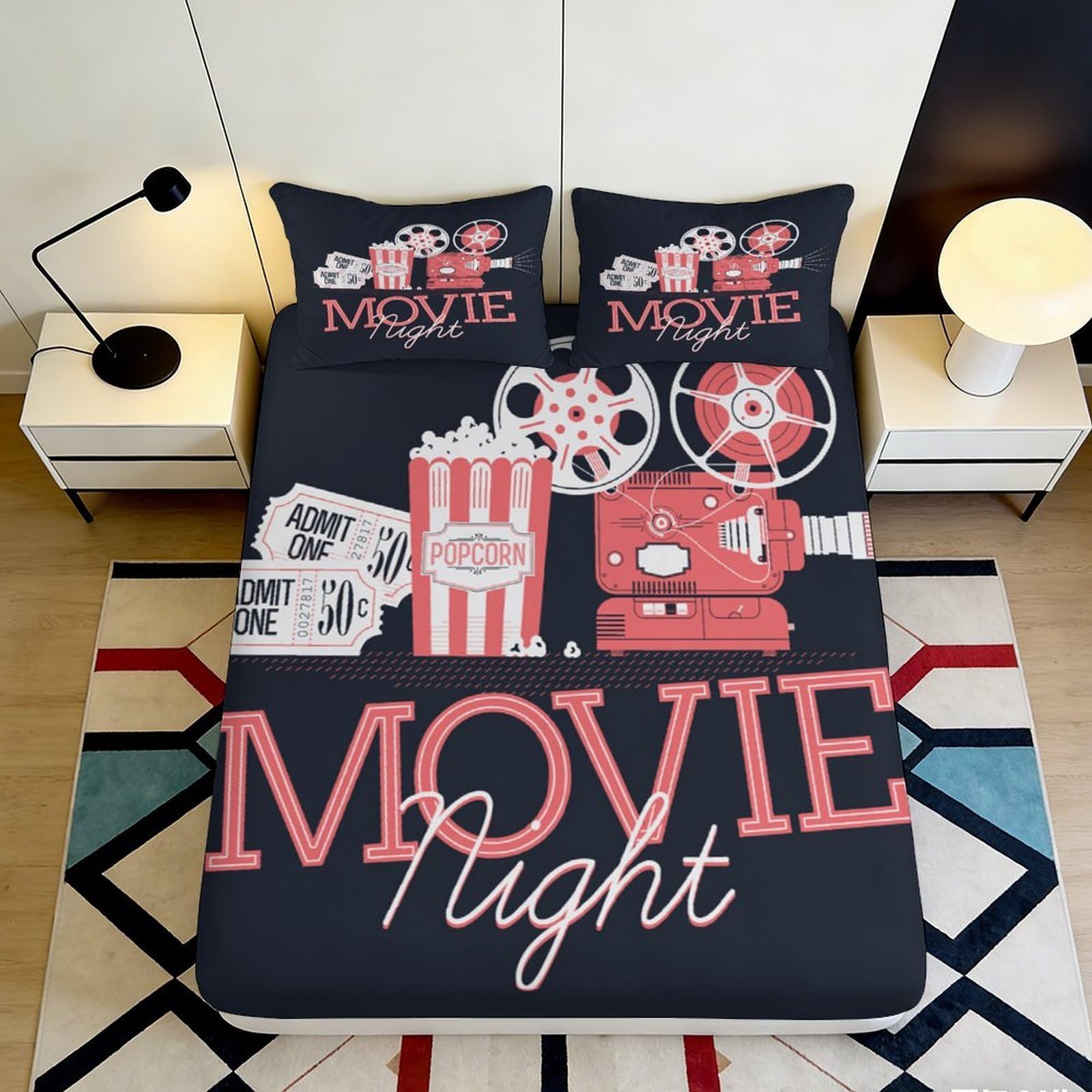 3D Printed Movie Night Fitted Sheet Microfiber Soft Bedroom Decor Popcorn Film Reel Mattress Cover for Adult Teen 90x200x25cm