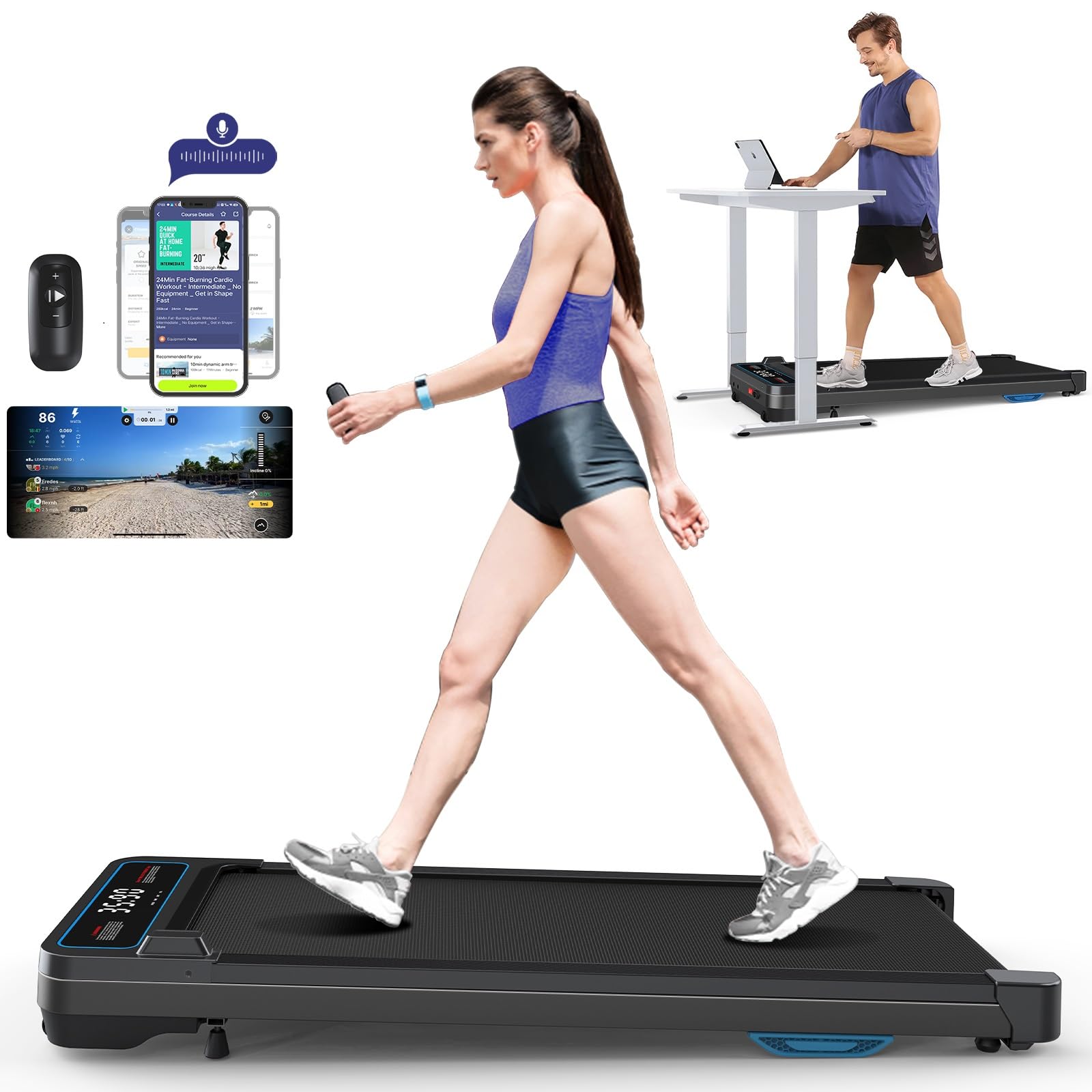 Incline Walking Pad, Under Desk Treadmill for Home Office Voice  Controlled Smart Treadmill Compatible with ZWIFT KINOMAP WELLFIT APP  265LBS
