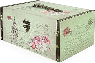 DreamsEden Small Wooden Decorative Storage Box with Handle - Wood Leather Treasure Chest Trunk Keepsake Vintage Suitcase, 11.8" x 7.8" x 5.9" (Tower)