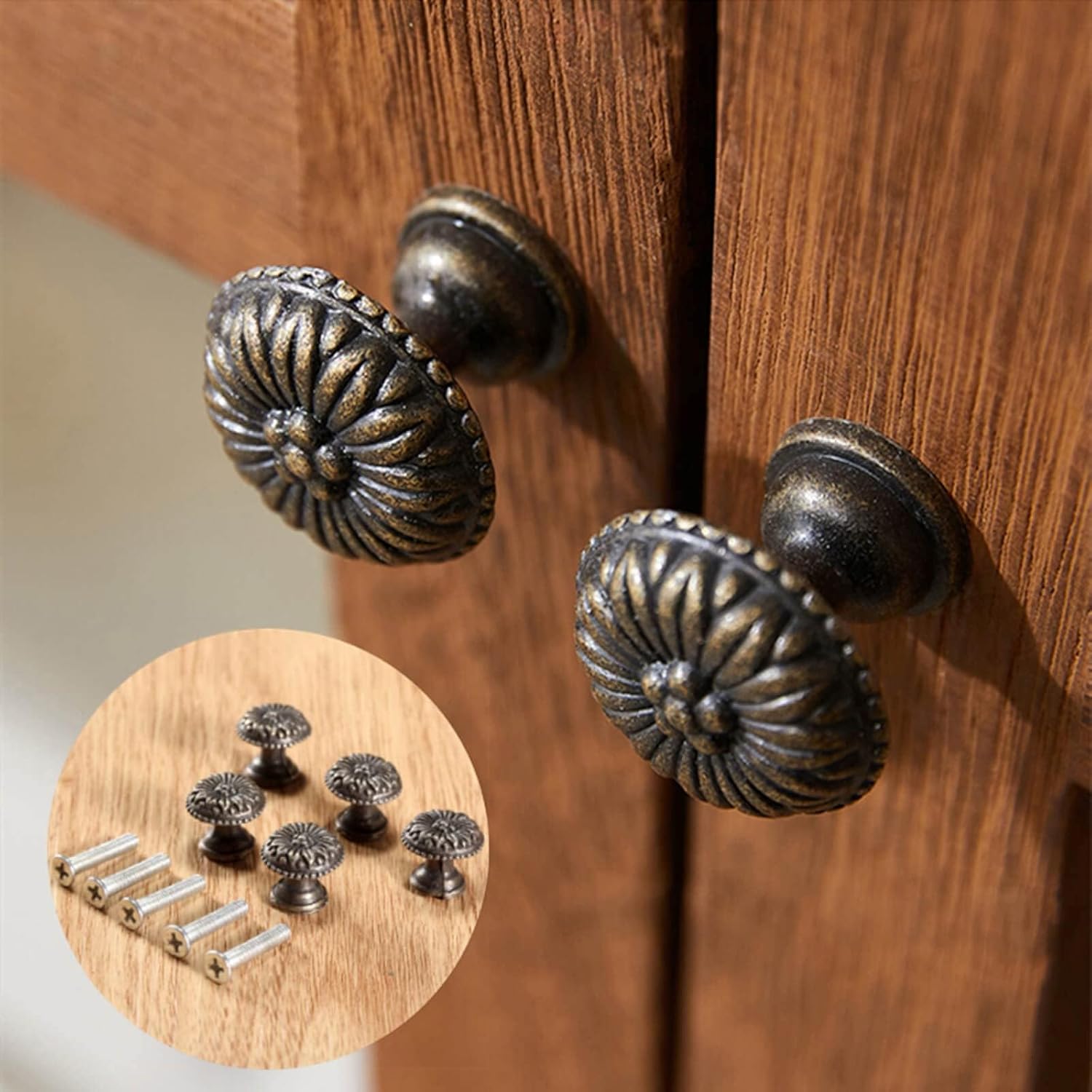 5Pcs 0.67"x 0.59" Antique Brass Round Jewelry Box Pull Handle Drawer Cupboard Wardrobe Cabinet Flower Pattern Knob