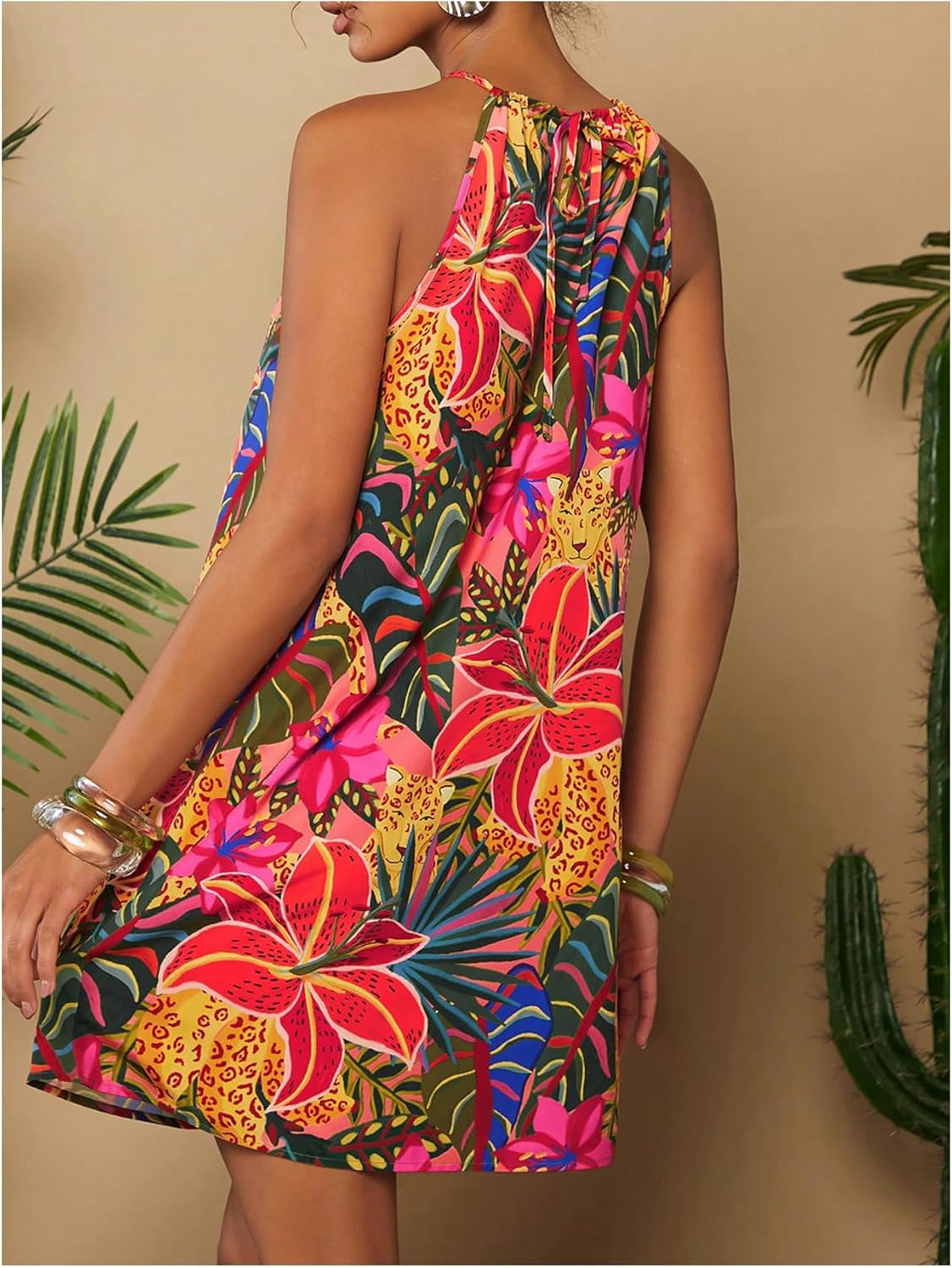 SweatyRocks Women's Tropical Print Halter Dresses Sleeveless Holiday Summer Mini Dress - Image 2