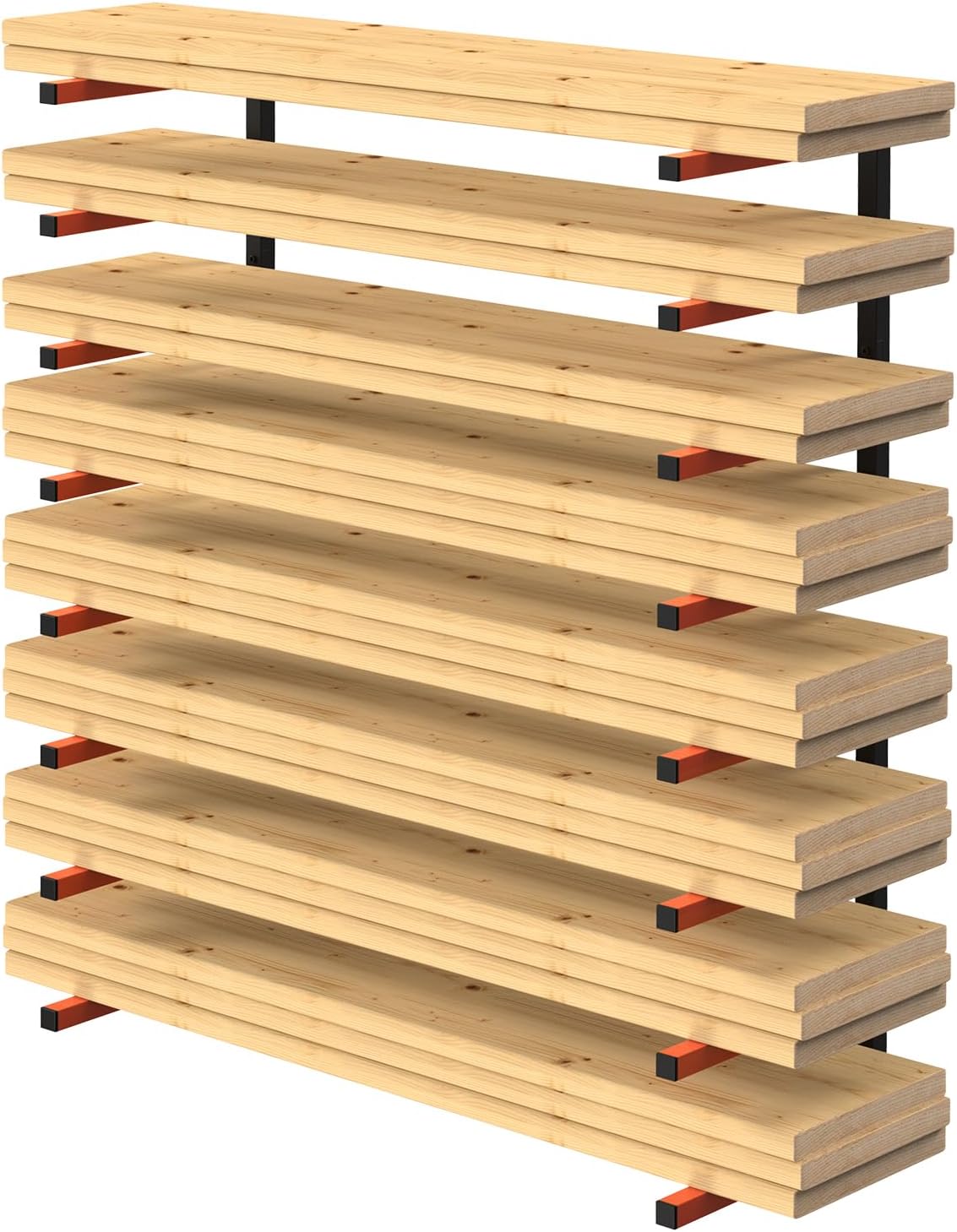 PINPON 4-Pack Heavy Duty Wall Mount Lumber Storage Rack, 4-Level Snap-Fit Wood Organizer with 16.8” Arms & 6.2” Shelf Spacing, 110 lbs Per Tier, for Garage & Workshop Indoor Outdoor Use, Black+Orange