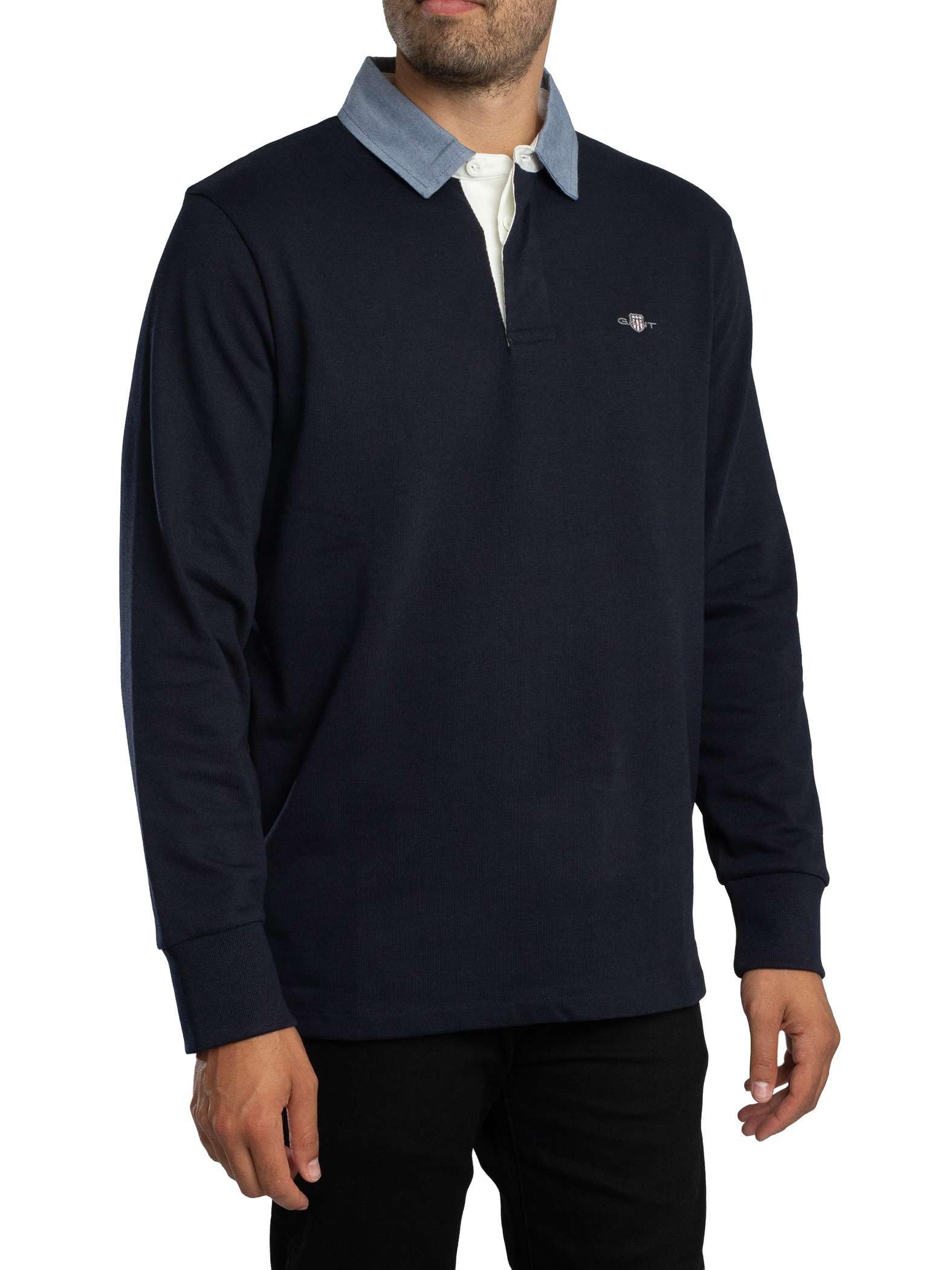 Gant Polo Da Uomo Regular Chambray Heavy Rugger A Maniche Lunghe Evening Blue, Blu - Evening Blue, Xxl-image