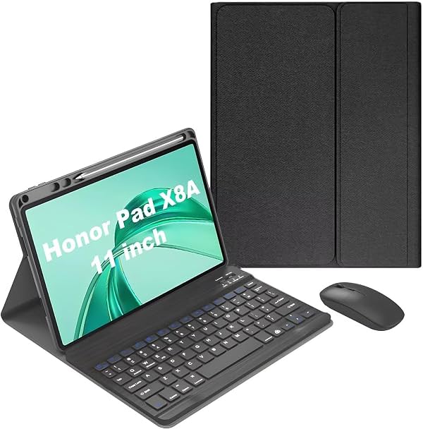 Funda con teclado para Honor Pad X8A 11 pulgadas 2024 – cubierta de teclado inalámbrico desmontable con soporte para lápiz, mouse de tablet recargable, negro