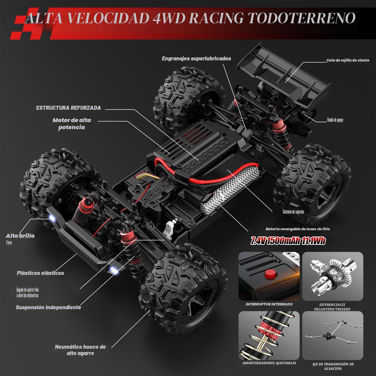 Coche Teledirigido Todoterreno 40 KM/H, 1:18 Coche Radiocontrol 2,4 GHz, 4x4 RC Drift Car Monster Truck con Luz LED y 2 Batería Recargable Control Remoto, Juguete Regalo para Adulto Niños Niñas