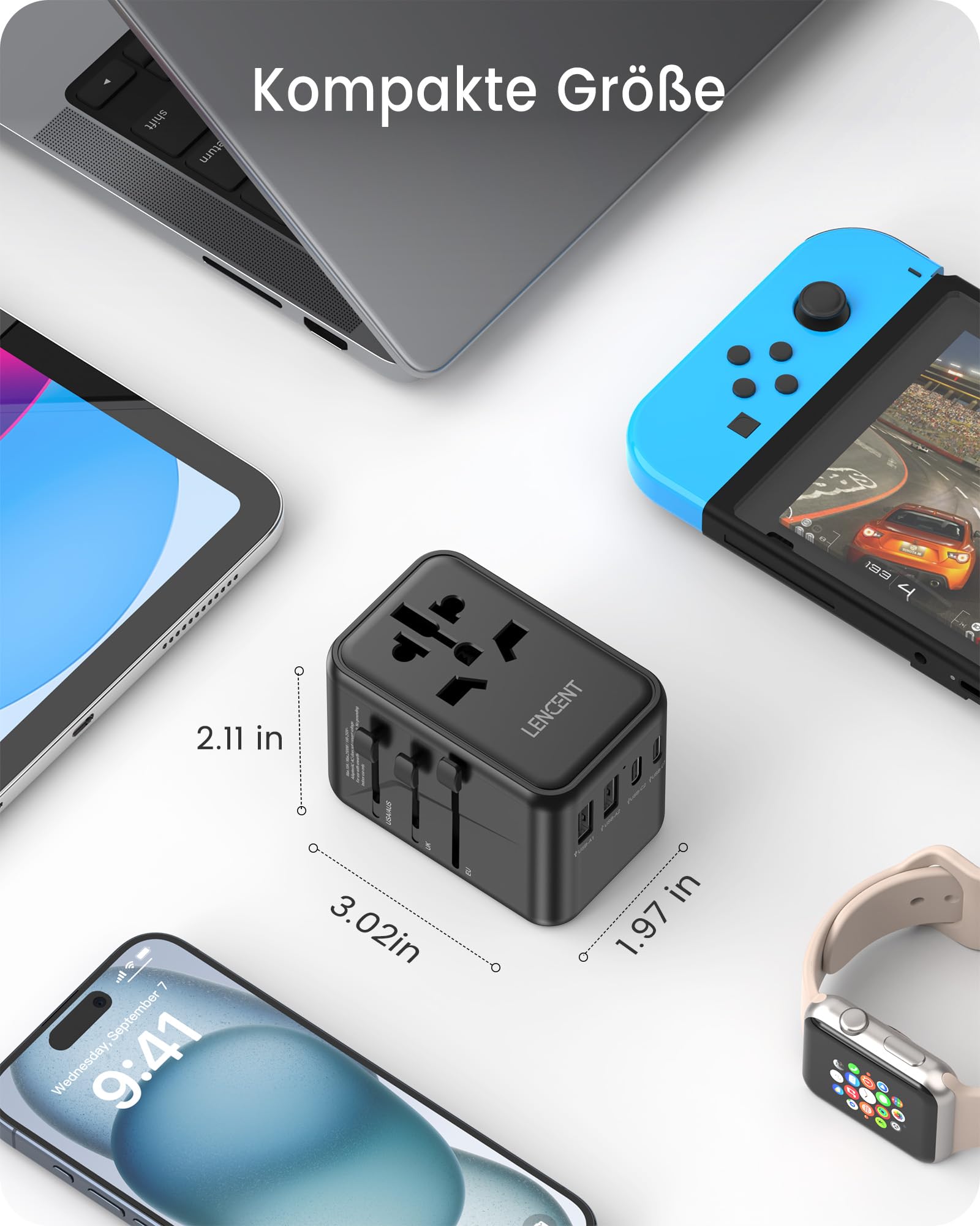 LENCENT Universeller Reiseadapter, GaN III 65W Internationales Ladegerät | mit 2 USB-A&3 Typ-C PD Schnellladung, Weltweiter Reisestecker Adapter für Typ A/C/G/I (USA/UK/EU/AUS) Steckdosen, Schwarz
