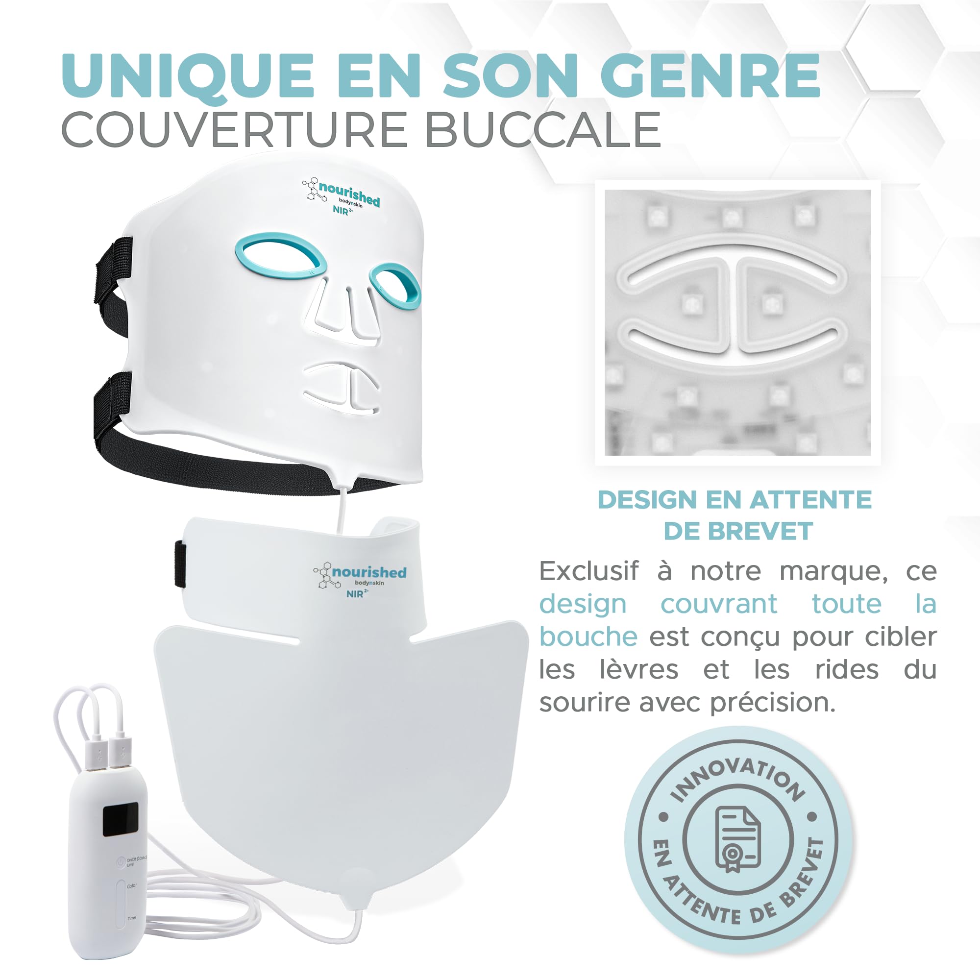 Nourished Bodynskin Masque LED visage et cou avec infrarouge proche - Luminothérapie bleue, rouge pour le visage - 228 LED - Outil de soin pour les rides, anti-âge