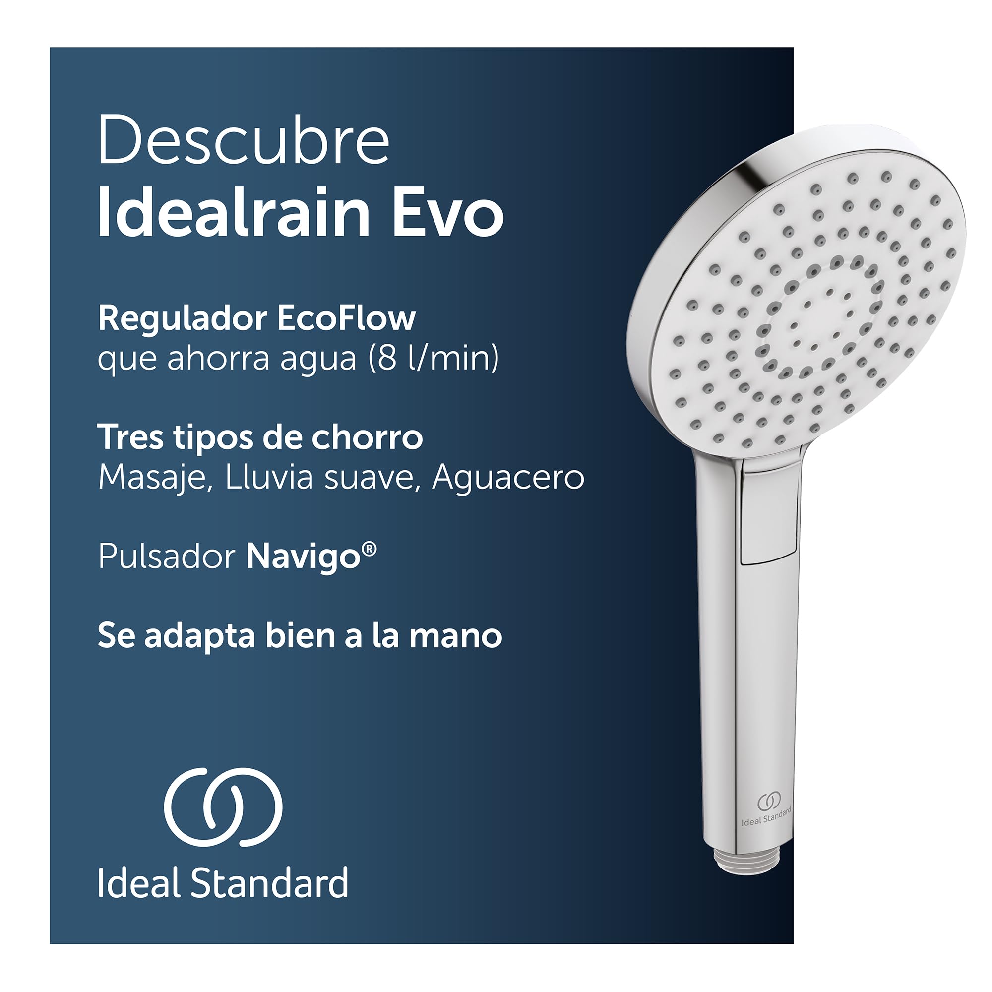 Ideal Standard – Ducha de mano Idealrain Evo, cabezal de ducha ahorrador de agua con 3 modos de chorro (lluvia suave, masaje, lluvia suave), Ø 11 cm, boquillas EasyClean, cromado