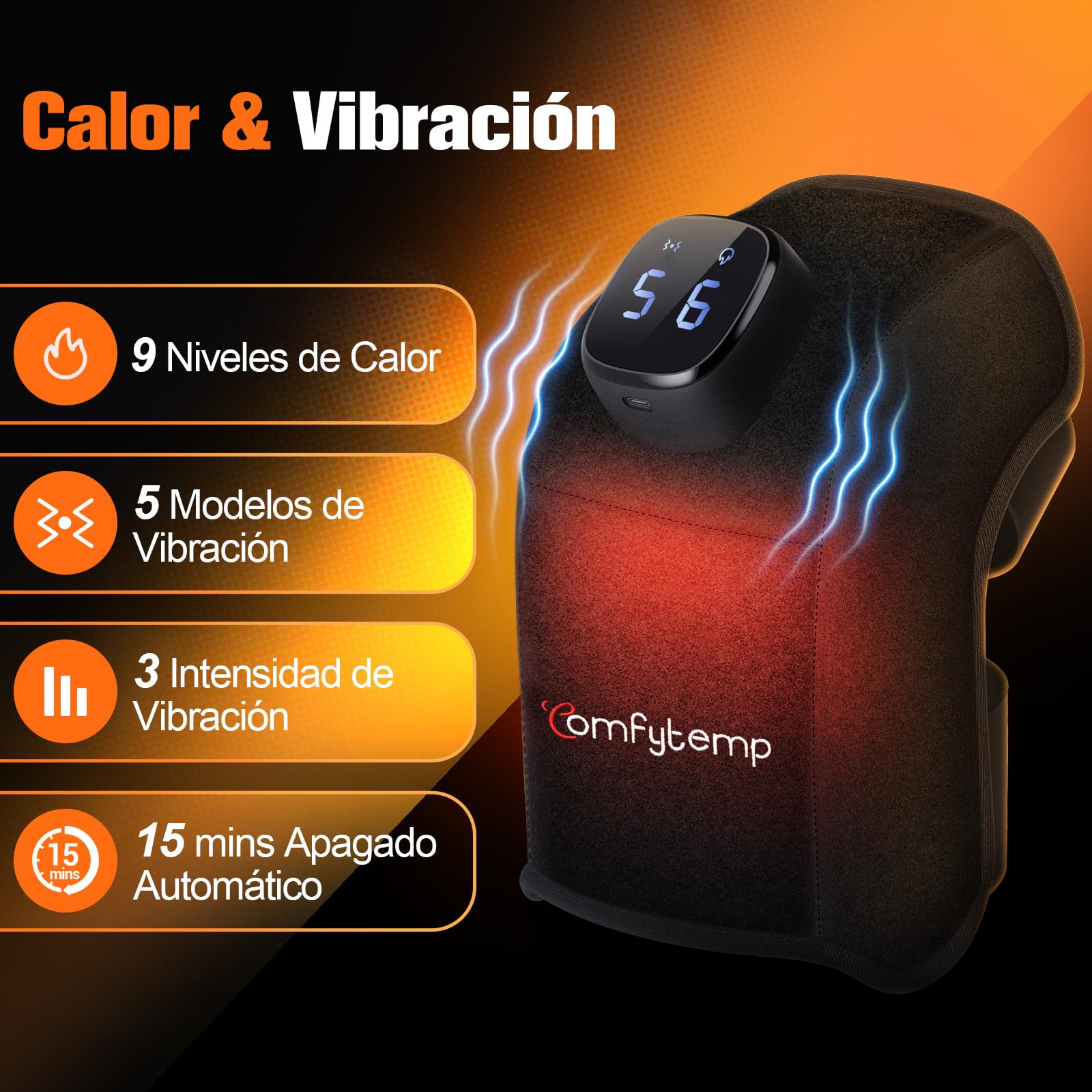 Comfytemp Almohadilla Térmica Inalámbrica para Rodilla, Masajeador 3D de Rodillas, Manta Eléctrica Portátil con 9 Calor 5 Vibración 3 Intensidad con Control APP, san Valentin Regalo