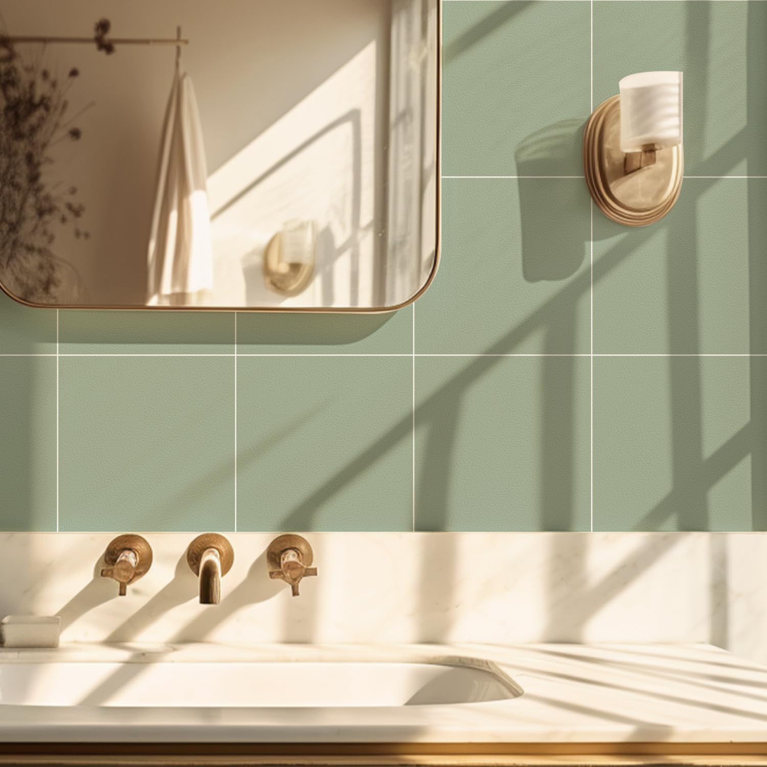 Alwayspon Tile Sticker, 50PcsX20cm/8inch Sage Green Textured Self Adhesive Stick on Tiles Transfer Sticker for Bathroom Kitchen, Backsplash, Peel and Stick Vinyl Wall Tiles Sticker